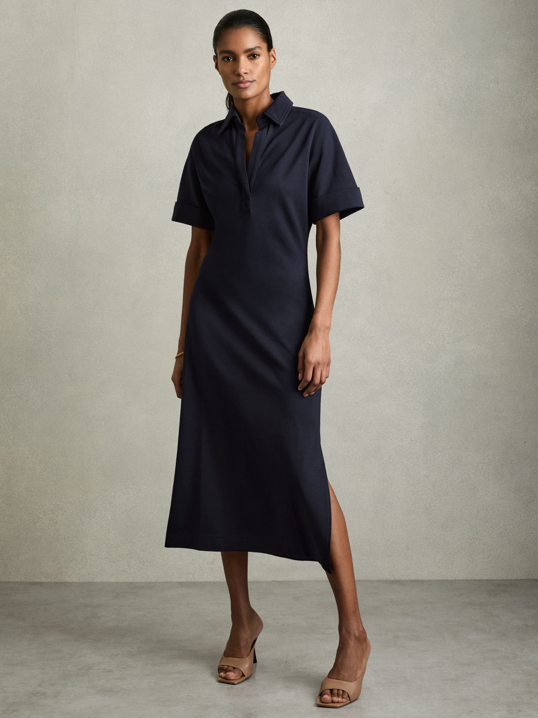 Jersey Open-Collar Bodycon Dress in Navy - Image 1 of 6