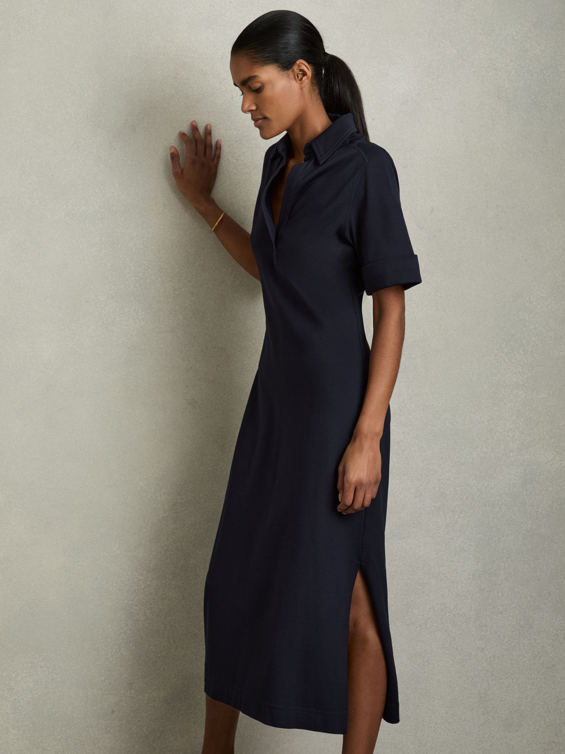Jersey Open-Collar Bodycon Dress in Navy - Image 3 of 6