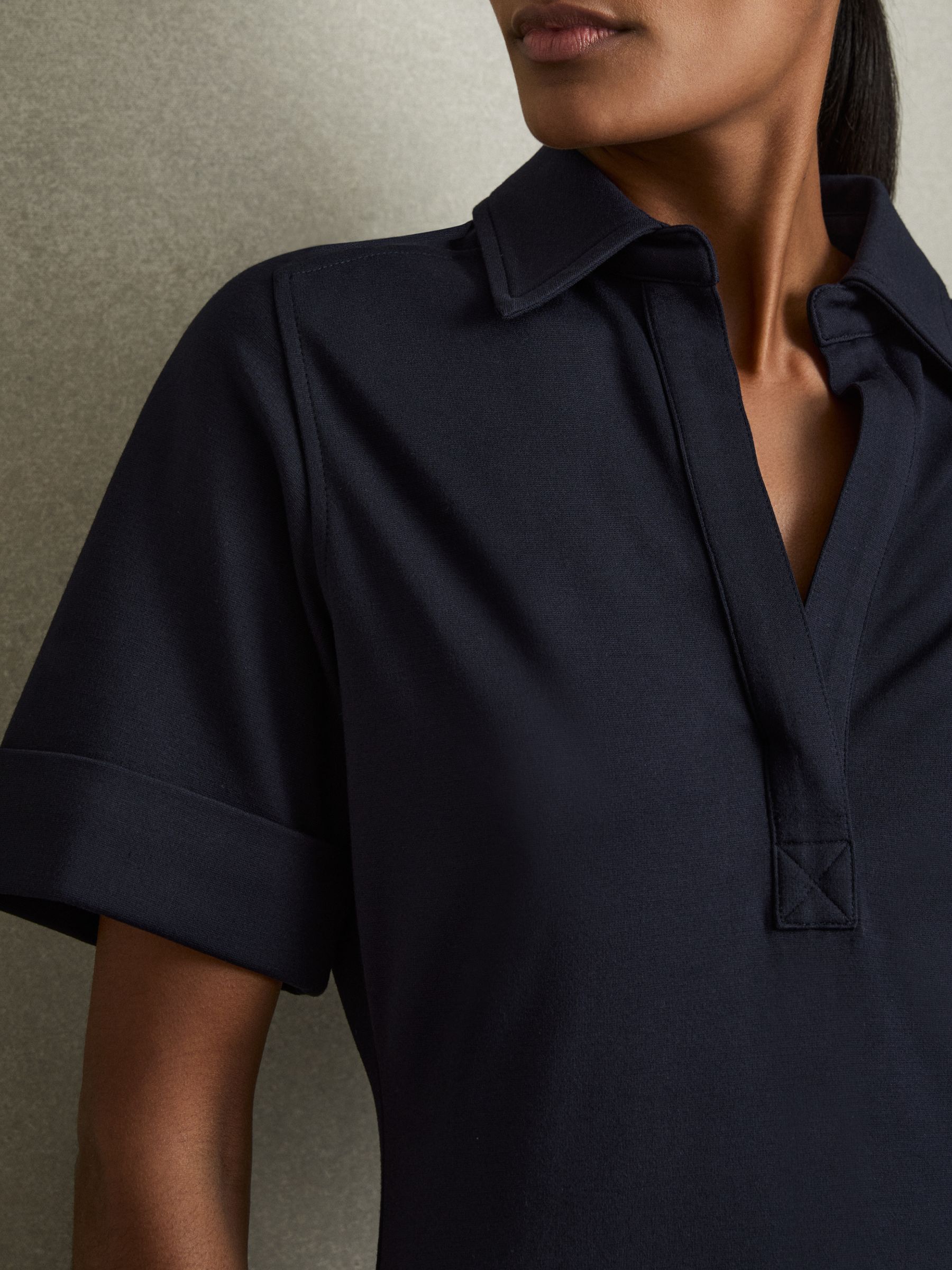 Jersey Open-Collar Bodycon Dress in Navy - Image 4 of 6