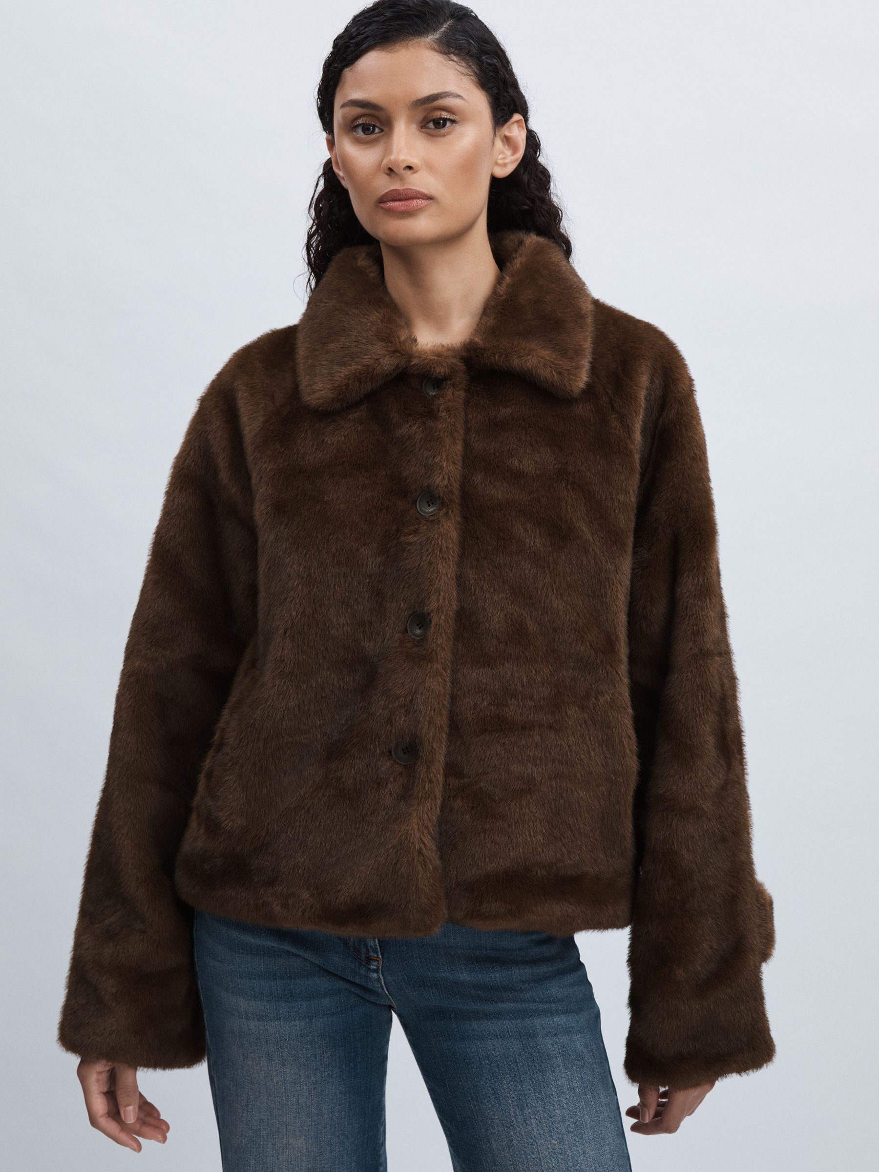 Meotine Faux-Fur Button-Through Jacket in Brown - Image 1 of 7