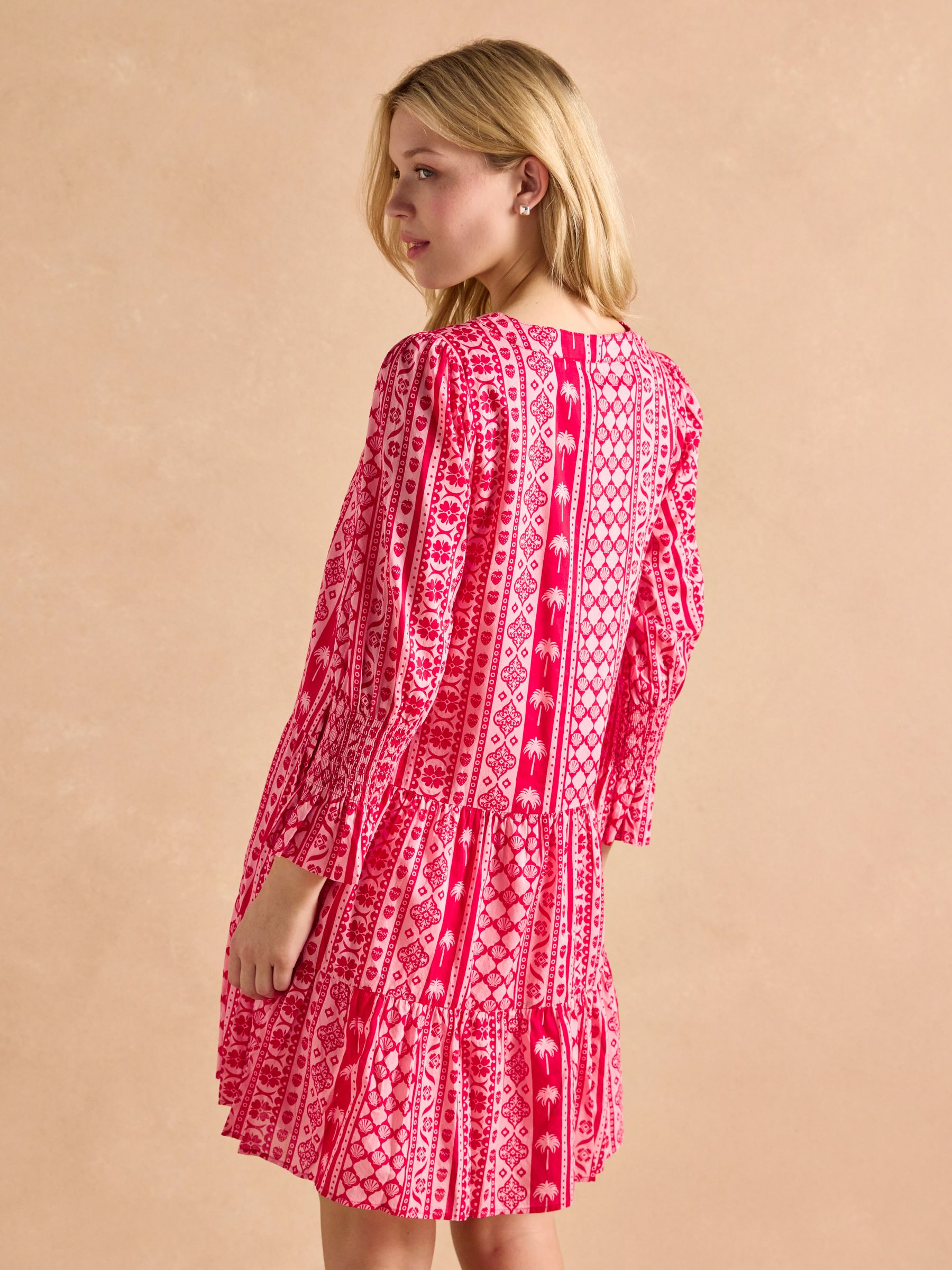 Alessia Pink Cotton V-Neck 3/4 Length Sleeve Tiered Dress - Image 2 of 7