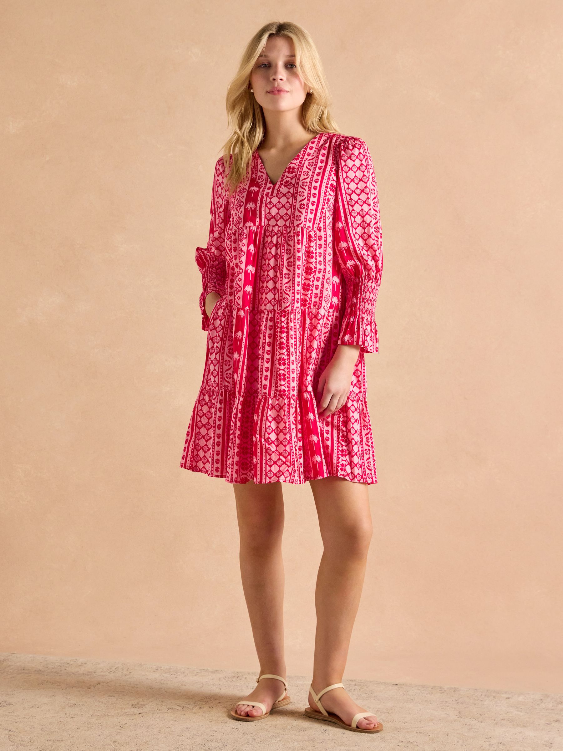 Alessia Pink Cotton V-Neck 3/4 Length Sleeve Tiered Dress - Image 3 of 7
