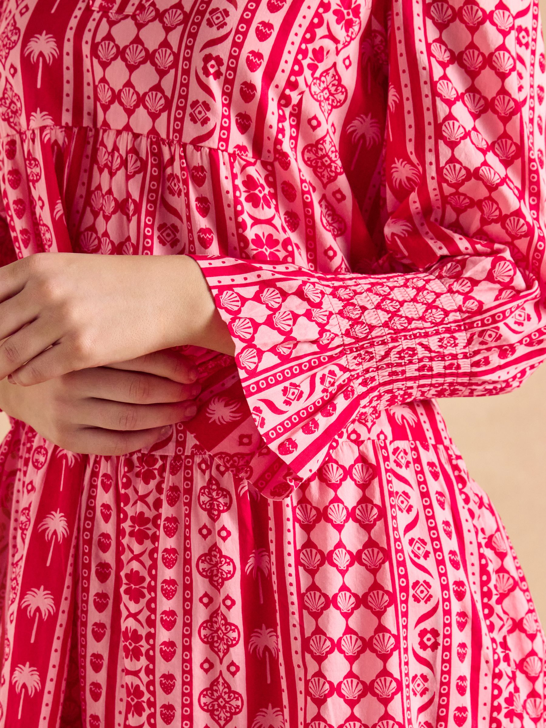 Alessia Pink Cotton V-Neck 3/4 Length Sleeve Tiered Dress - Image 5 of 7