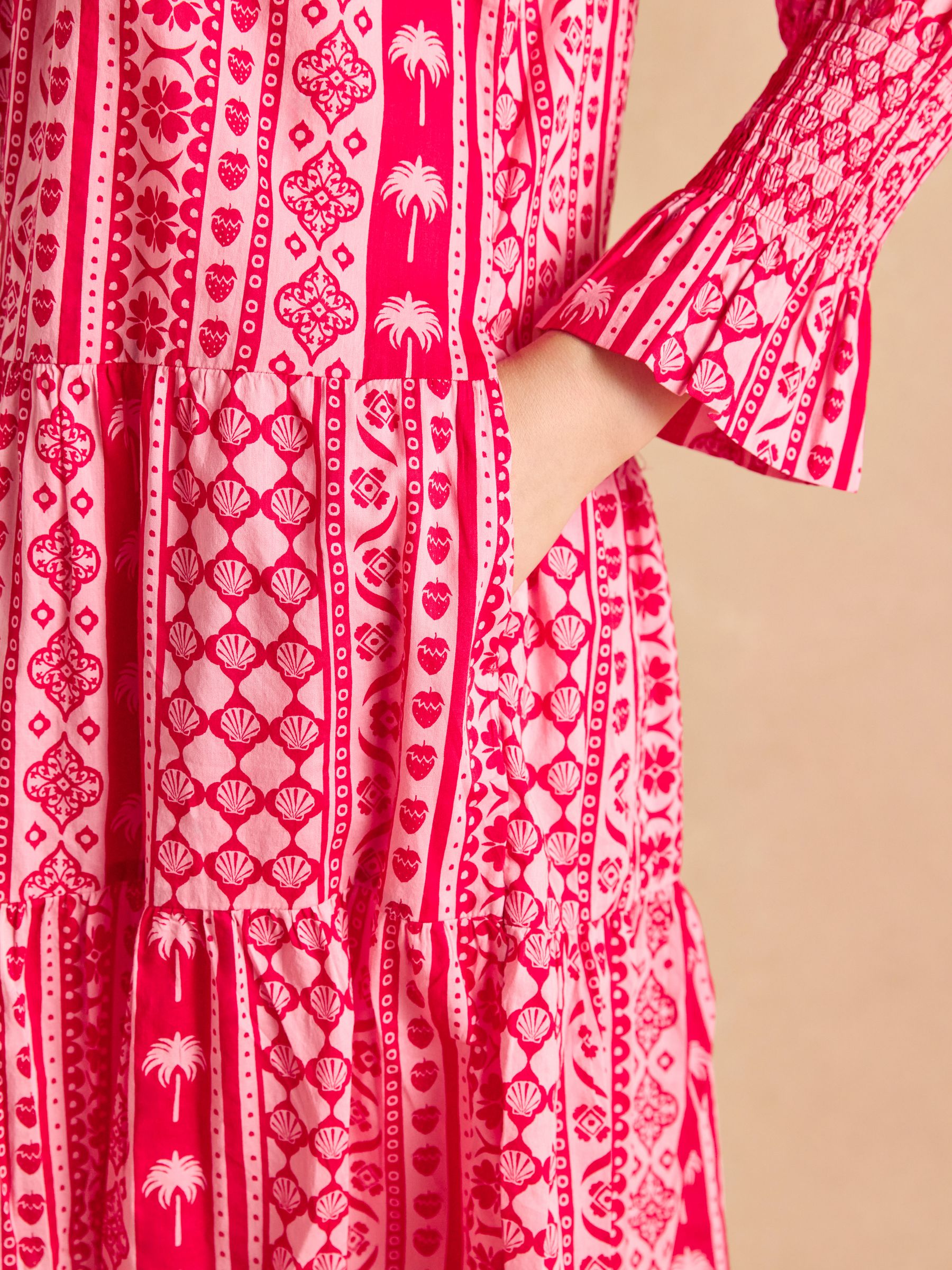 Alessia Pink Cotton V-Neck 3/4 Length Sleeve Tiered Dress - Image 6 of 7