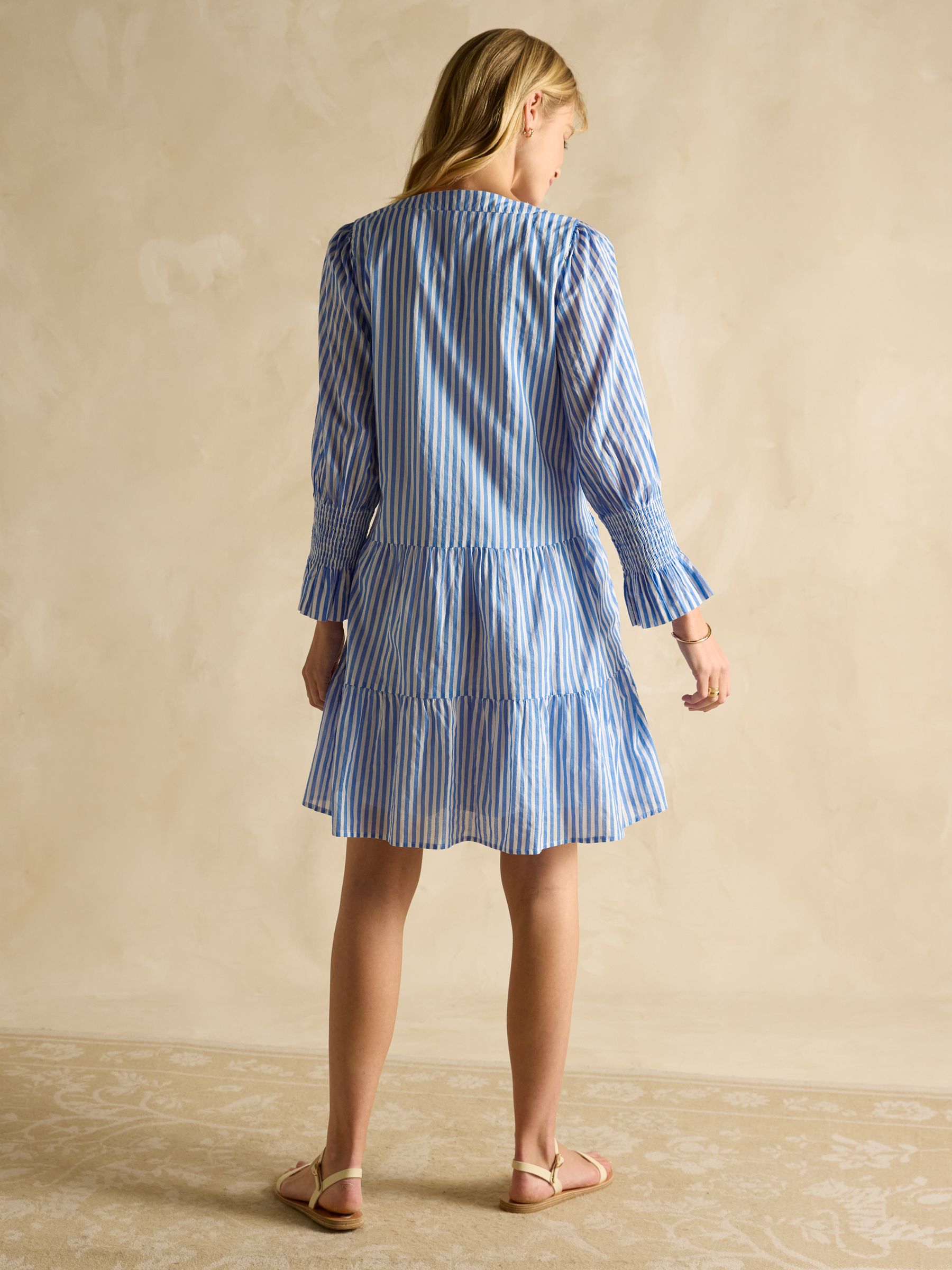 Alessia Blue Cotton V-Neck 3/4 Length Sleeve Tiered Dress - Image 3 of 7