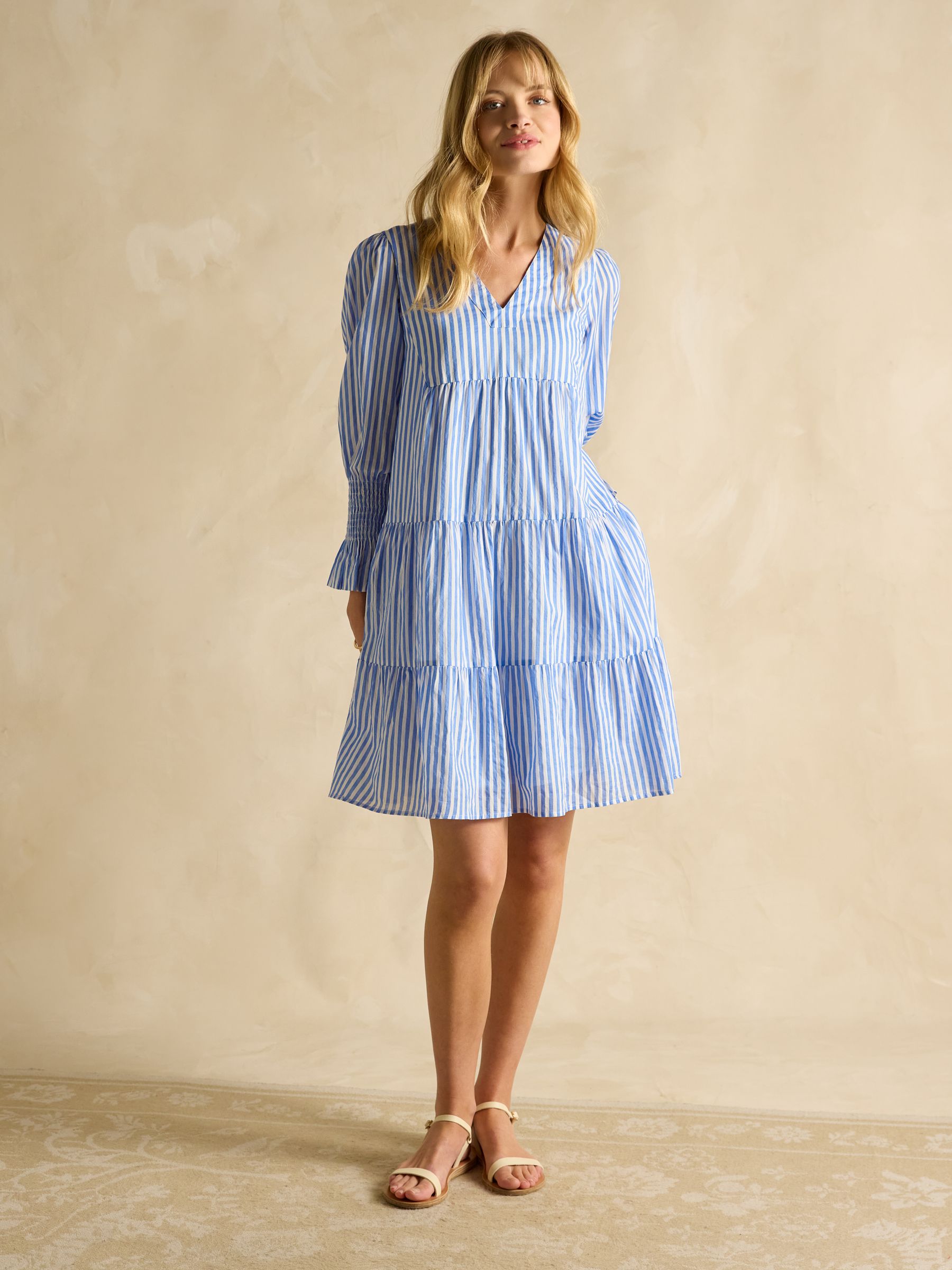 Alessia Blue Cotton V-Neck 3/4 Length Sleeve Tiered Dress - Image 4 of 7
