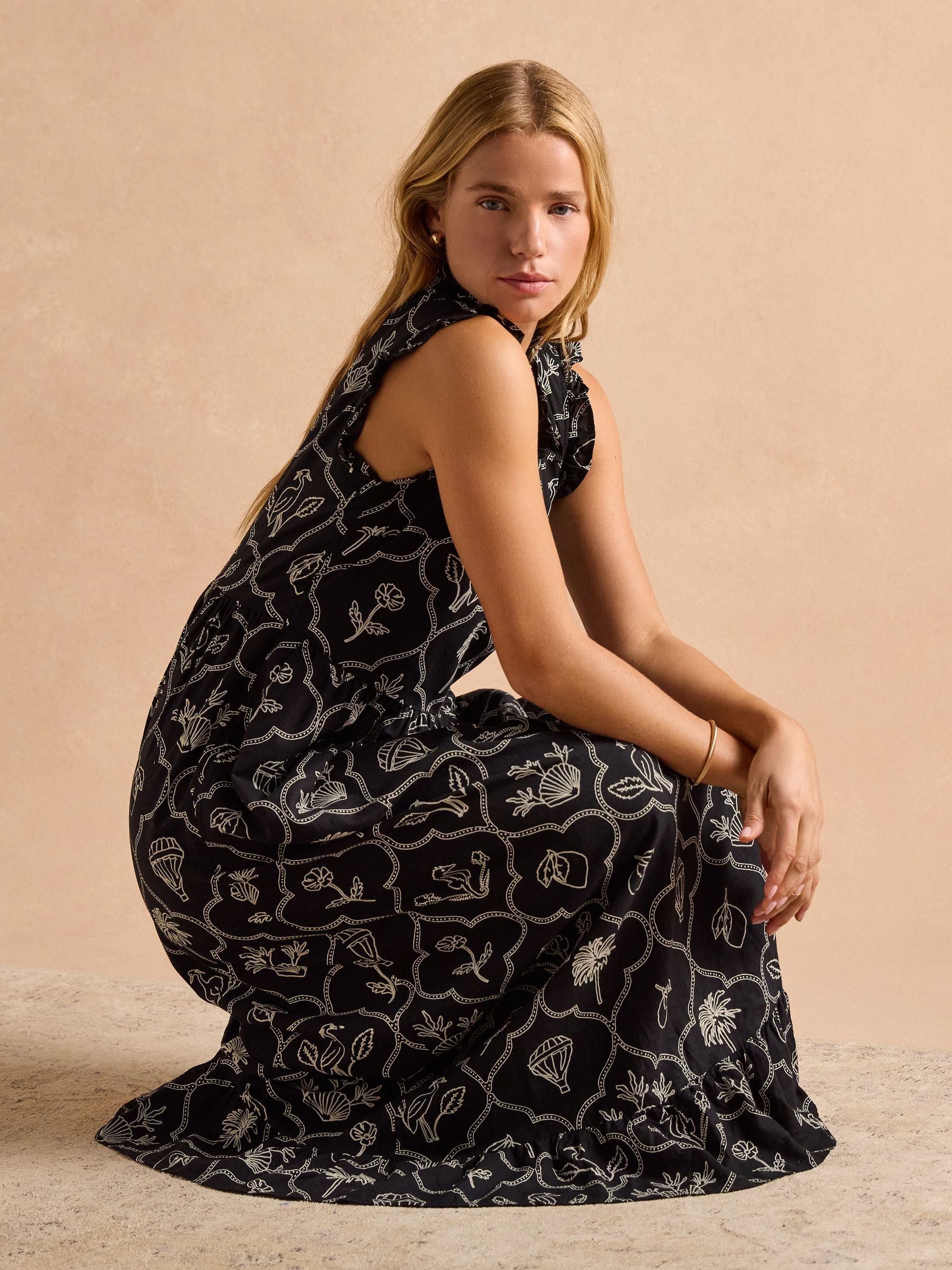 Sophia Black Ruffle Shoulder Midi Dress | Joules