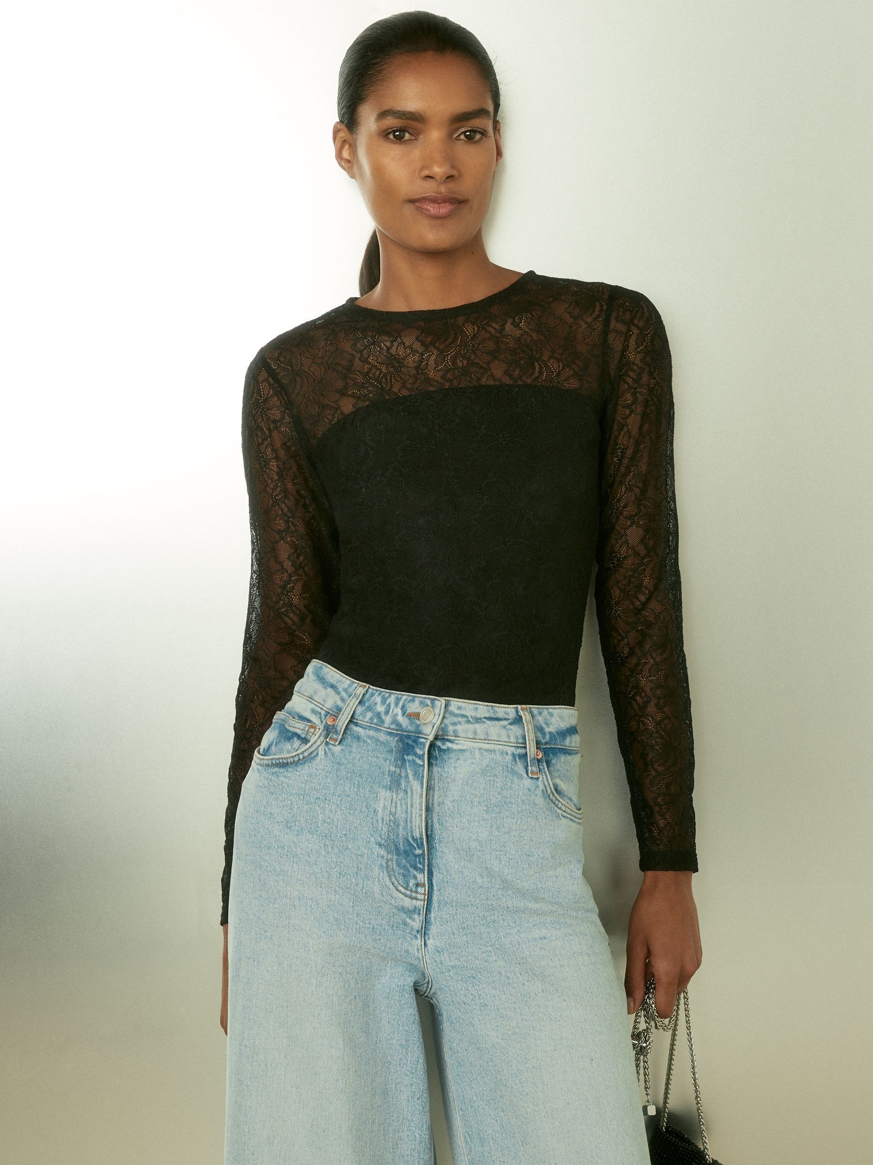 Lace Double-Layer Bodysuit in Black - Image 4 of 6