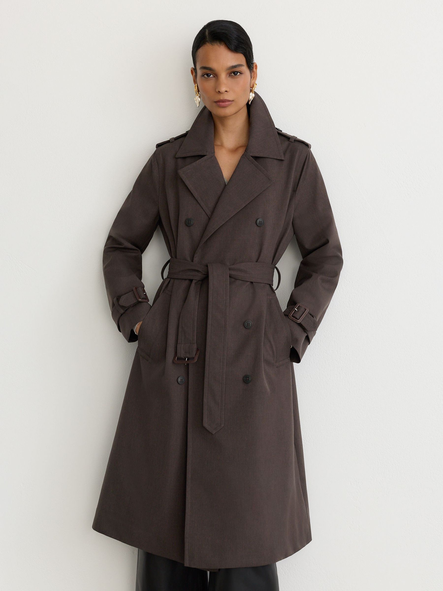 Petite Hybrid Gilet-Insert Hooded Trench Coat in Brown by Reiss