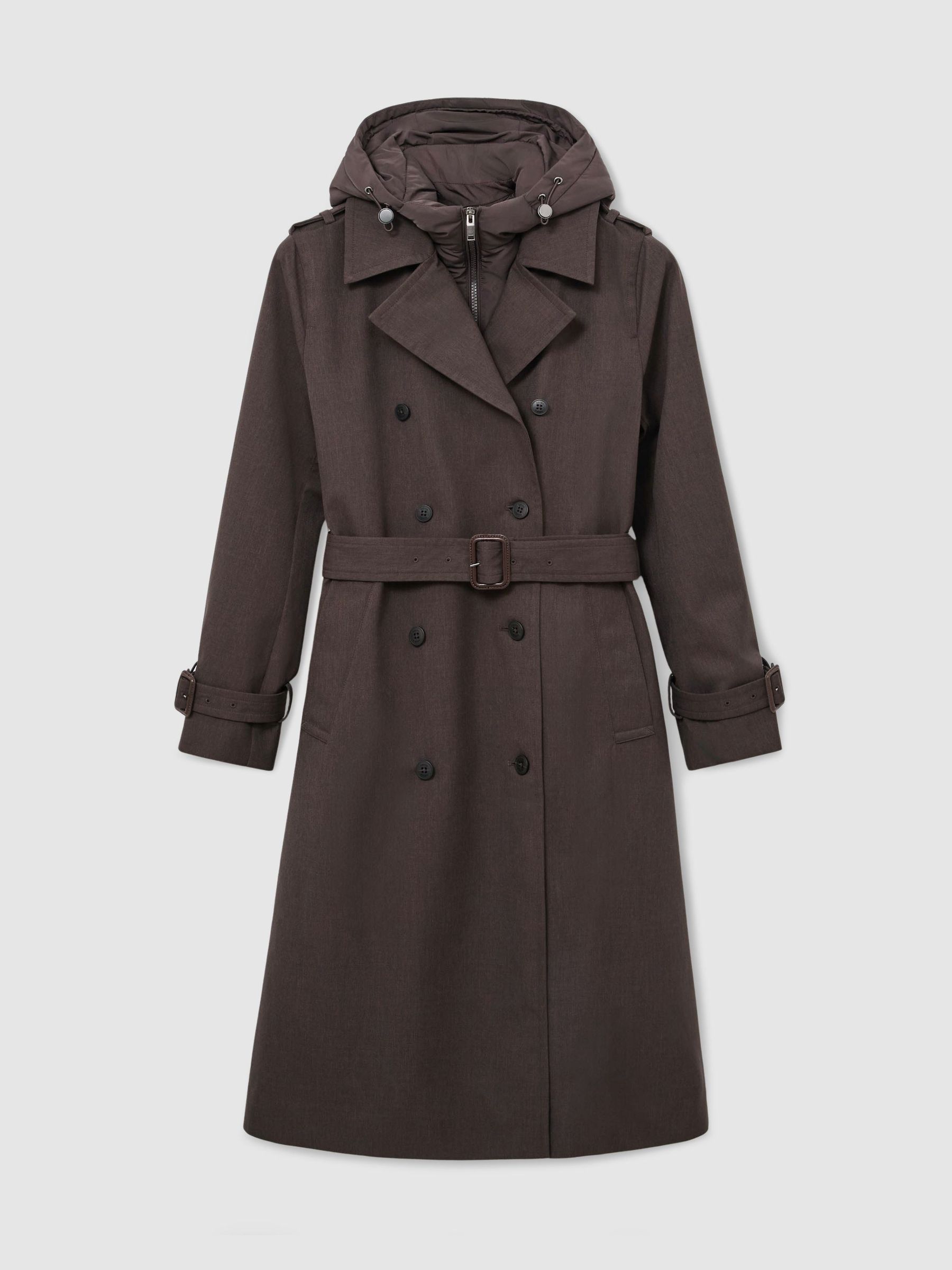 Petite Hybrid Gilet-Insert Hooded Trench Coat in Brown - Image 2 of 11