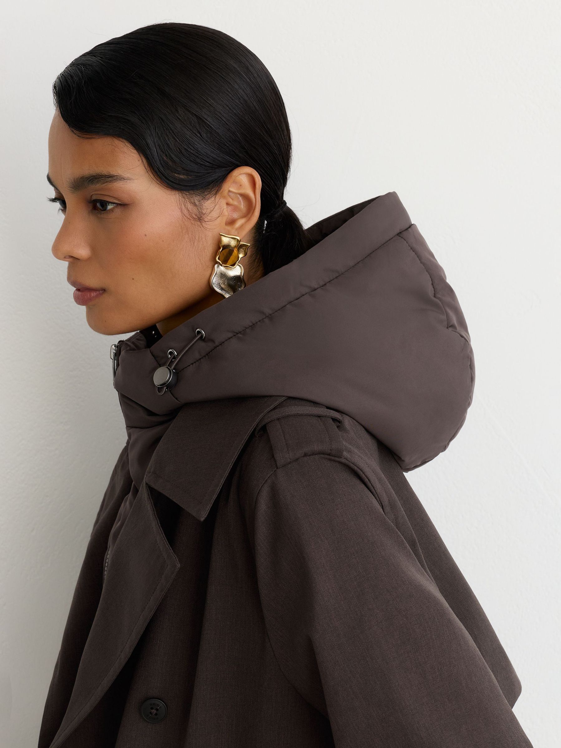 Petite Hybrid Gilet-Insert Hooded Trench Coat in Brown - Image 3 of 11