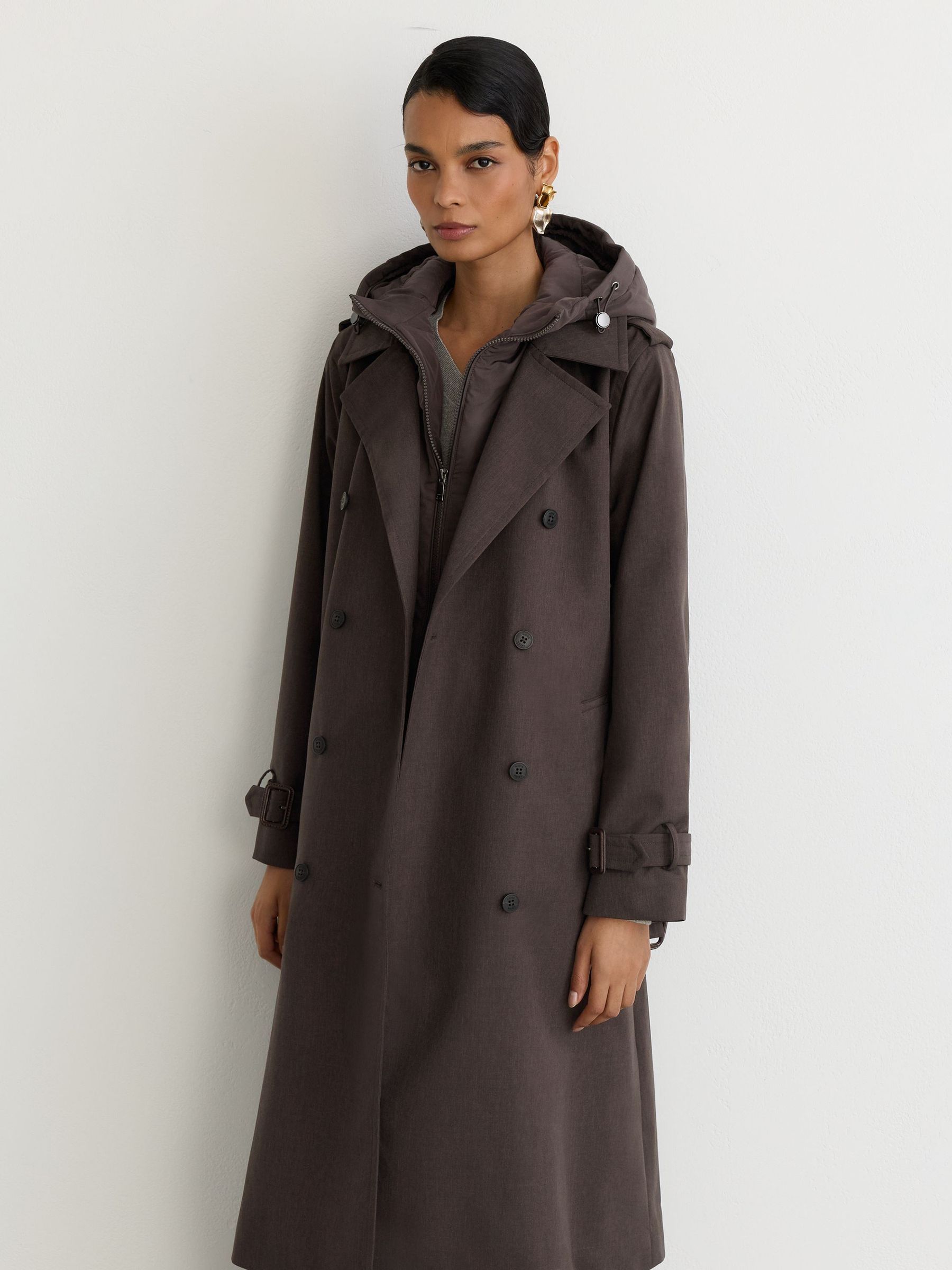 Petite Hybrid Gilet-Insert Hooded Trench Coat in Brown - Image 7 of 11