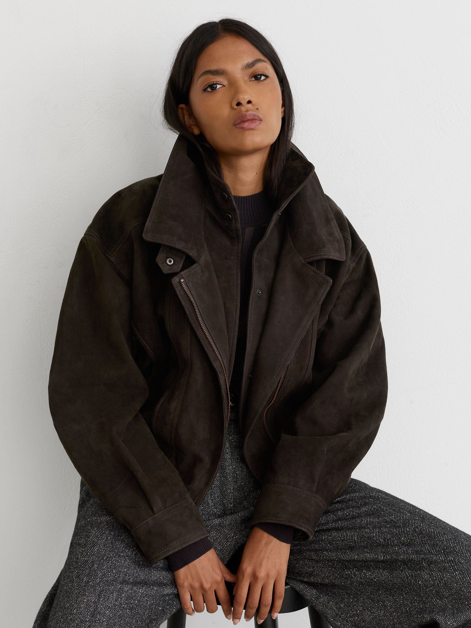 Suede Double-Layer Relaxed-Fit Jacket in Coffee Brown - Image 1 of 8
