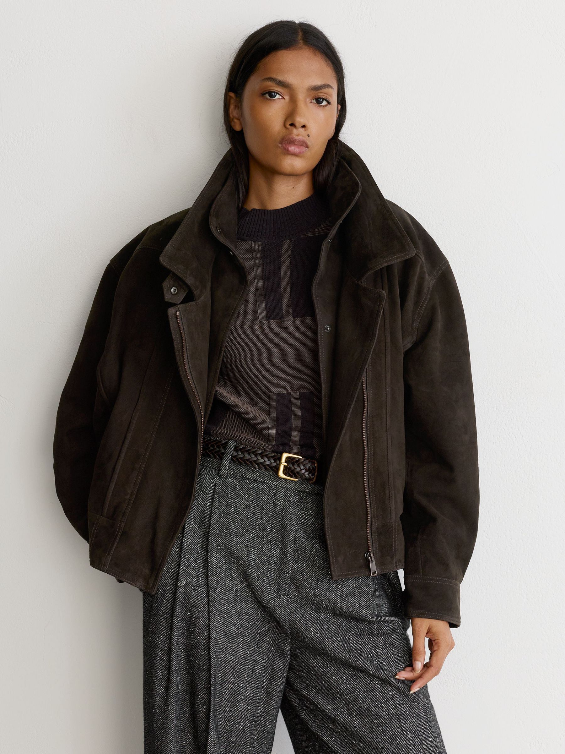 Suede Double-Layer Relaxed-Fit Jacket in Coffee Brown - Image 5 of 8