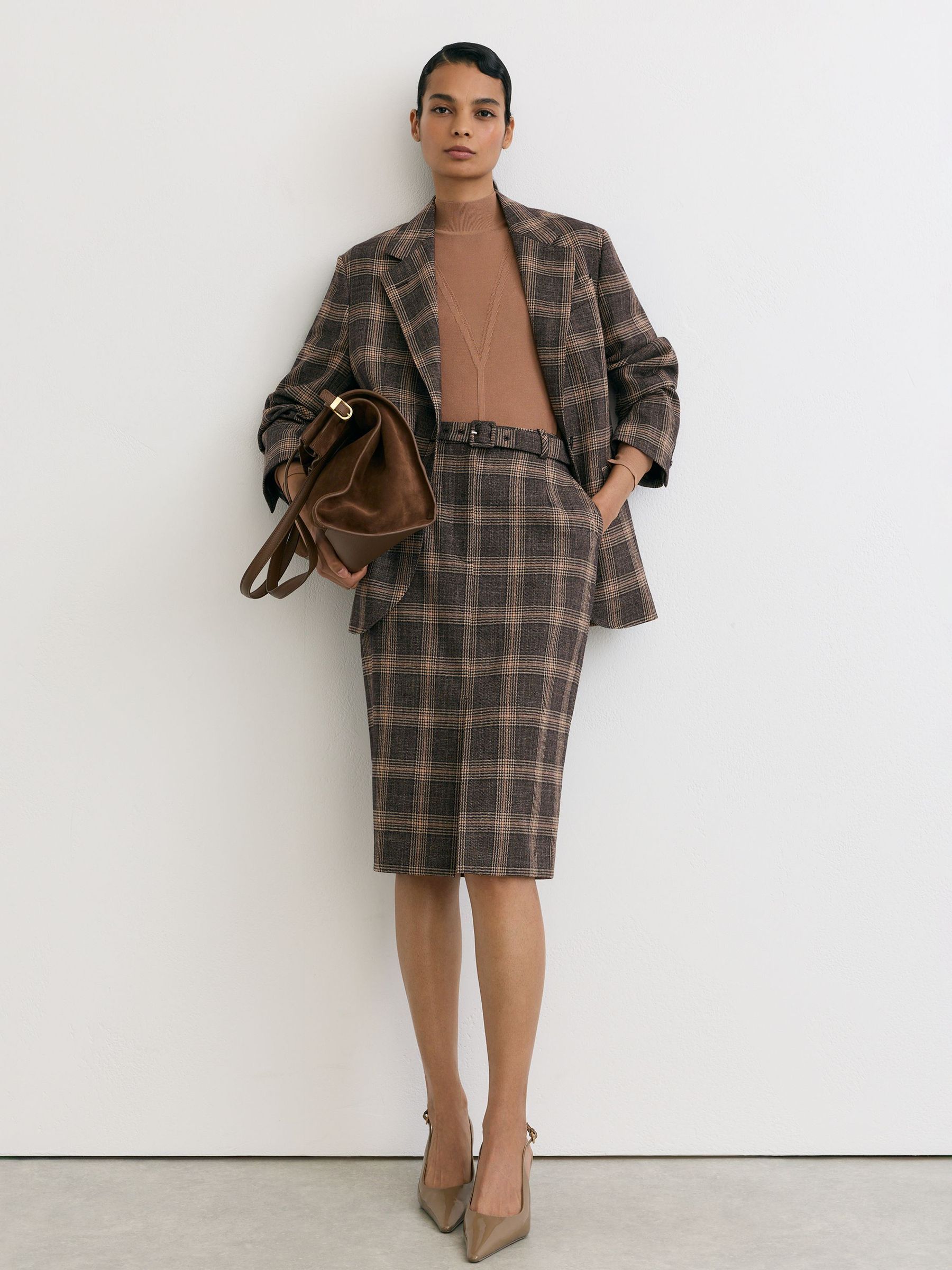 Wool Check Midi Pencil Skirt in Brown Check - Image 5 of 7