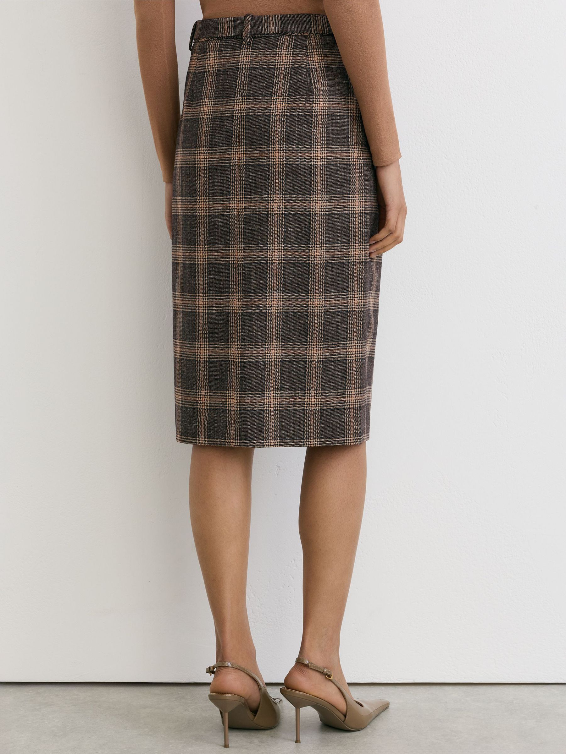 Wool Check Midi Pencil Skirt in Brown Check - Image 6 of 7