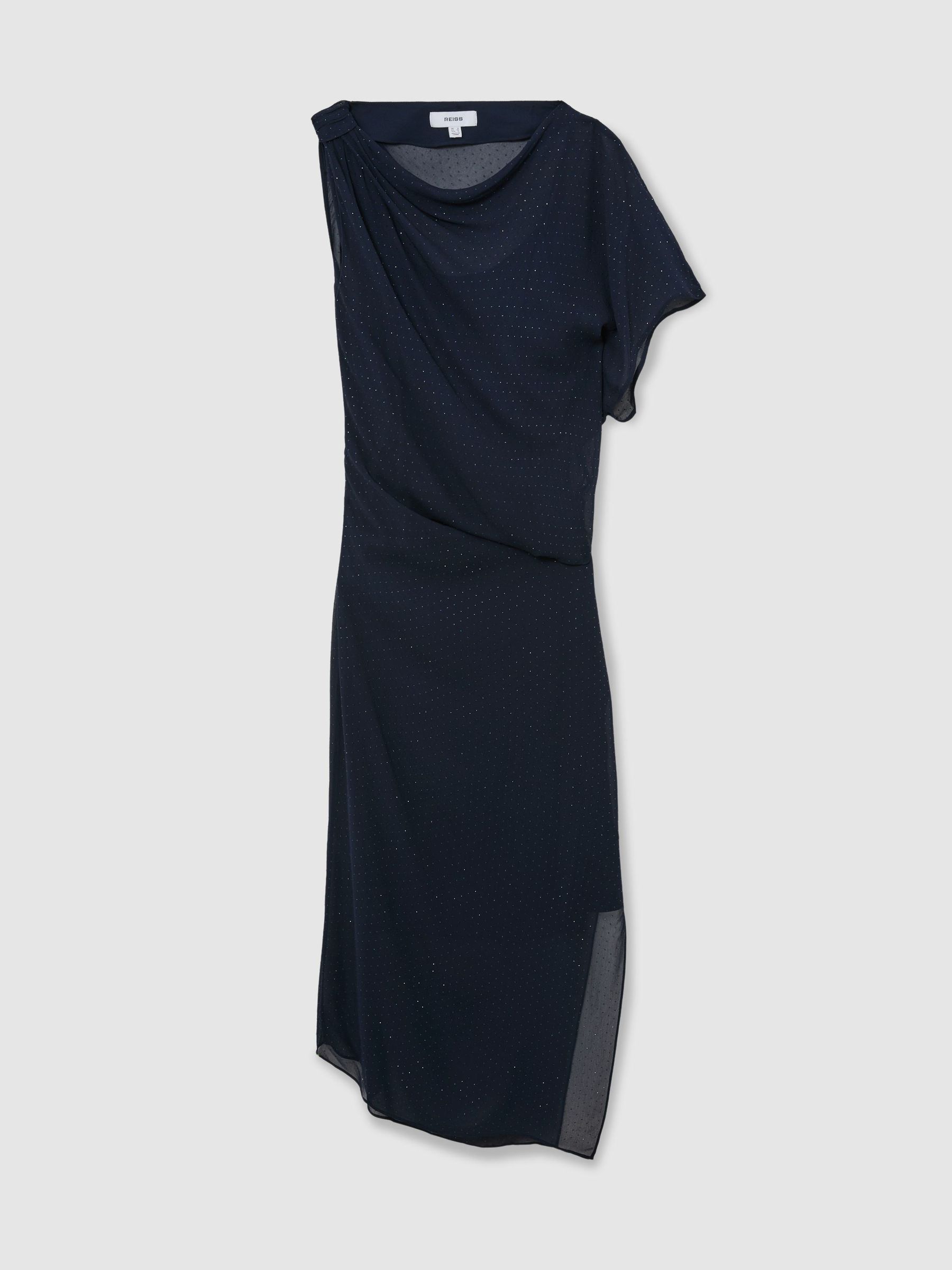 Crystal-Detail Draped Mesh Midi Dress in Navy - Image 2 of 9