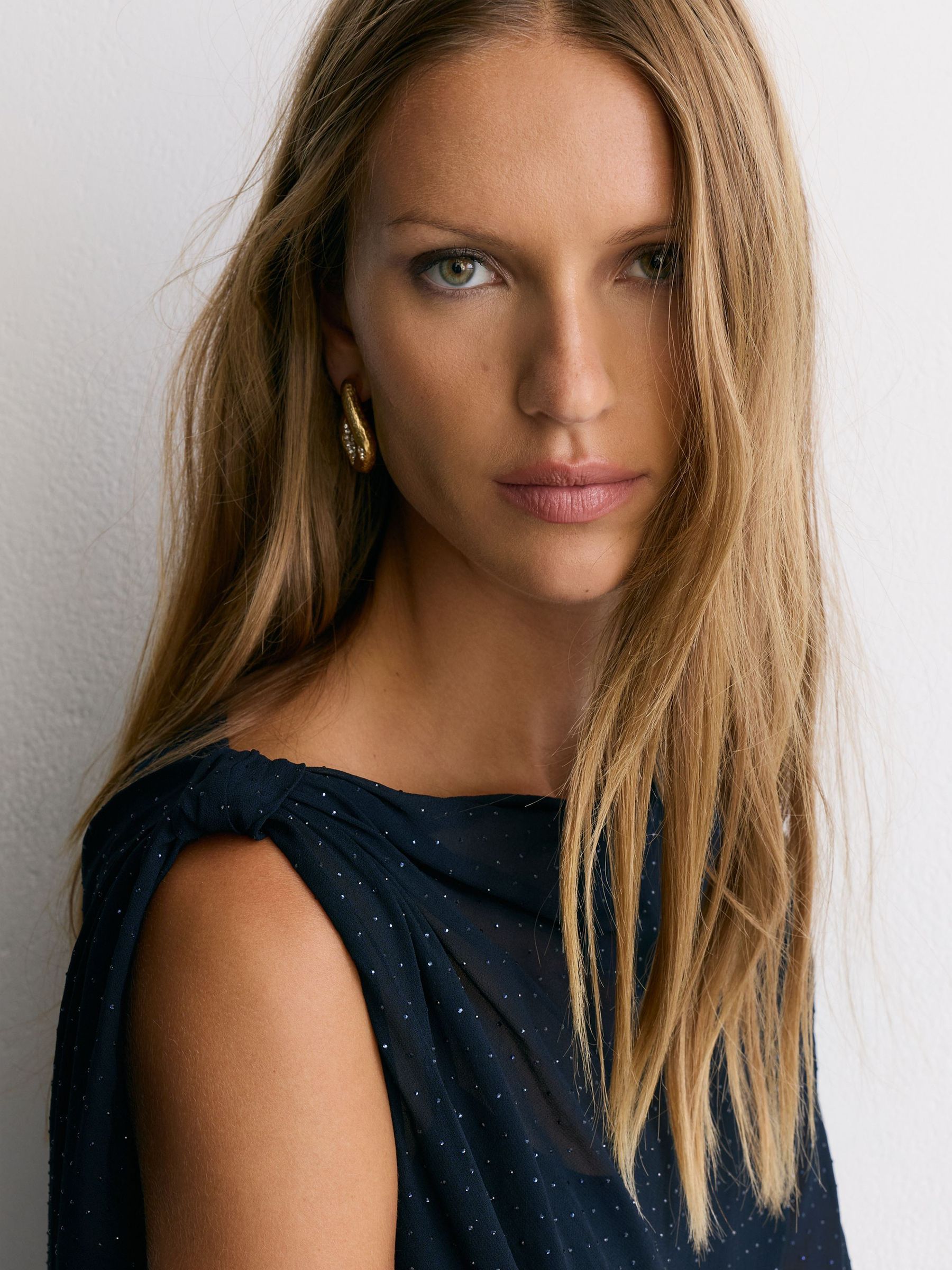 Crystal-Detail Draped Mesh Midi Dress in Navy - Image 3 of 9