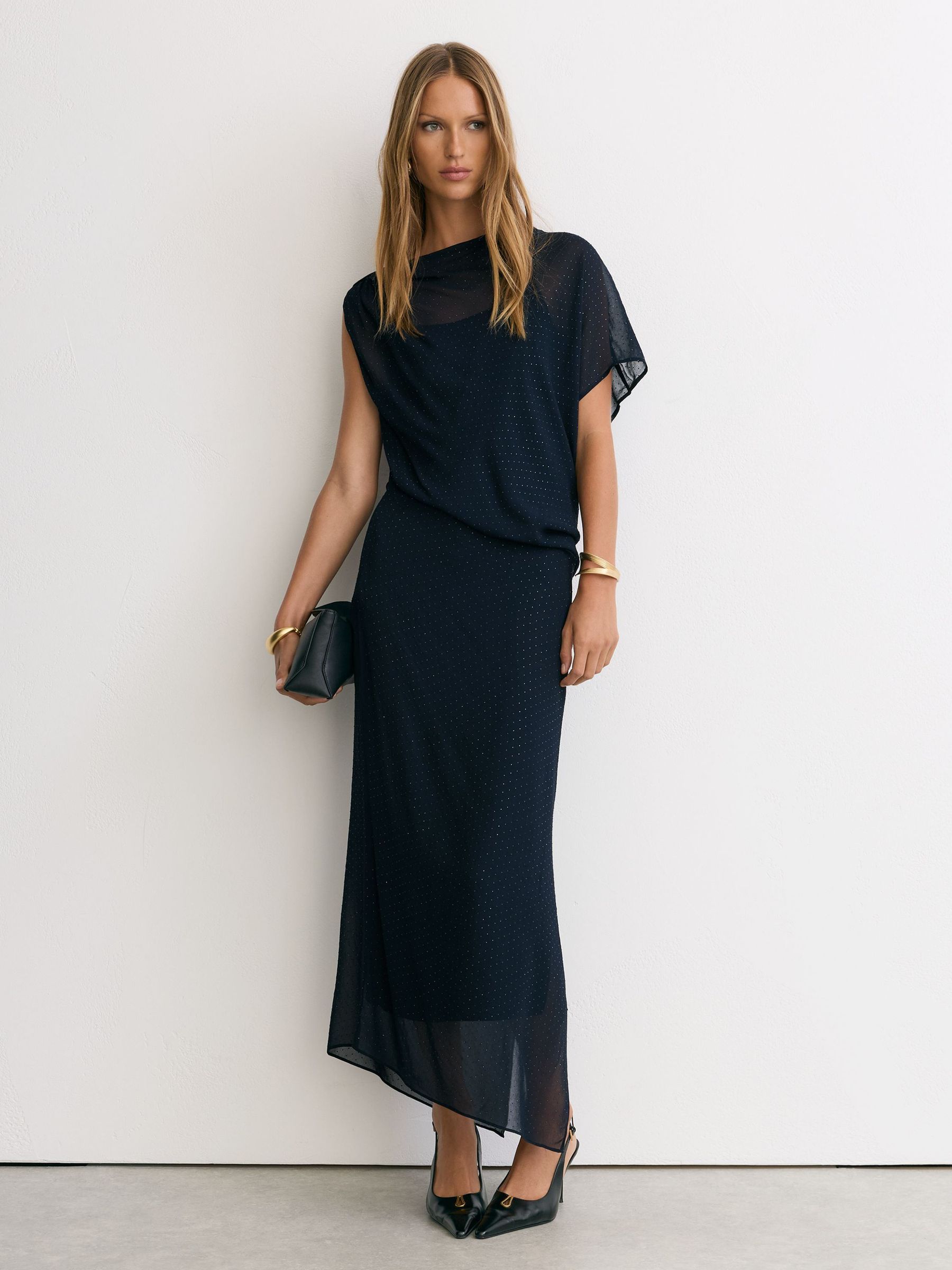 Crystal-Detail Draped Mesh Midi Dress in Navy - Image 4 of 9
