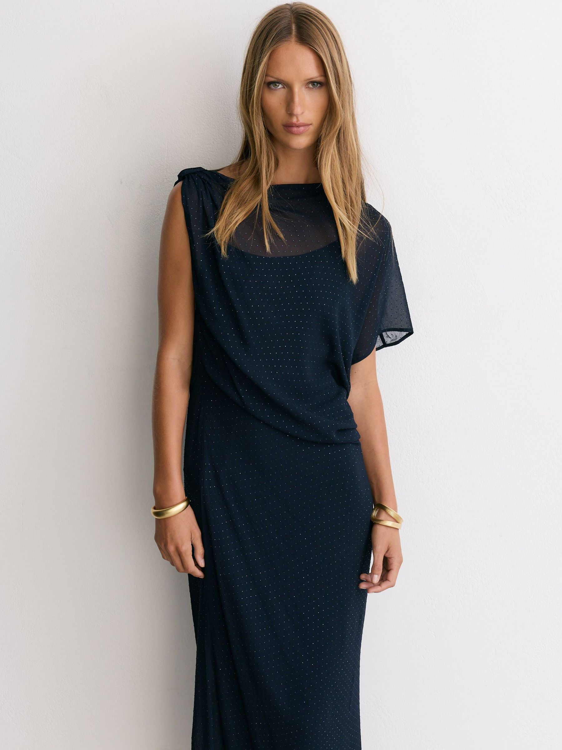 Crystal-Detail Draped Mesh Midi Dress in Navy - Image 6 of 9