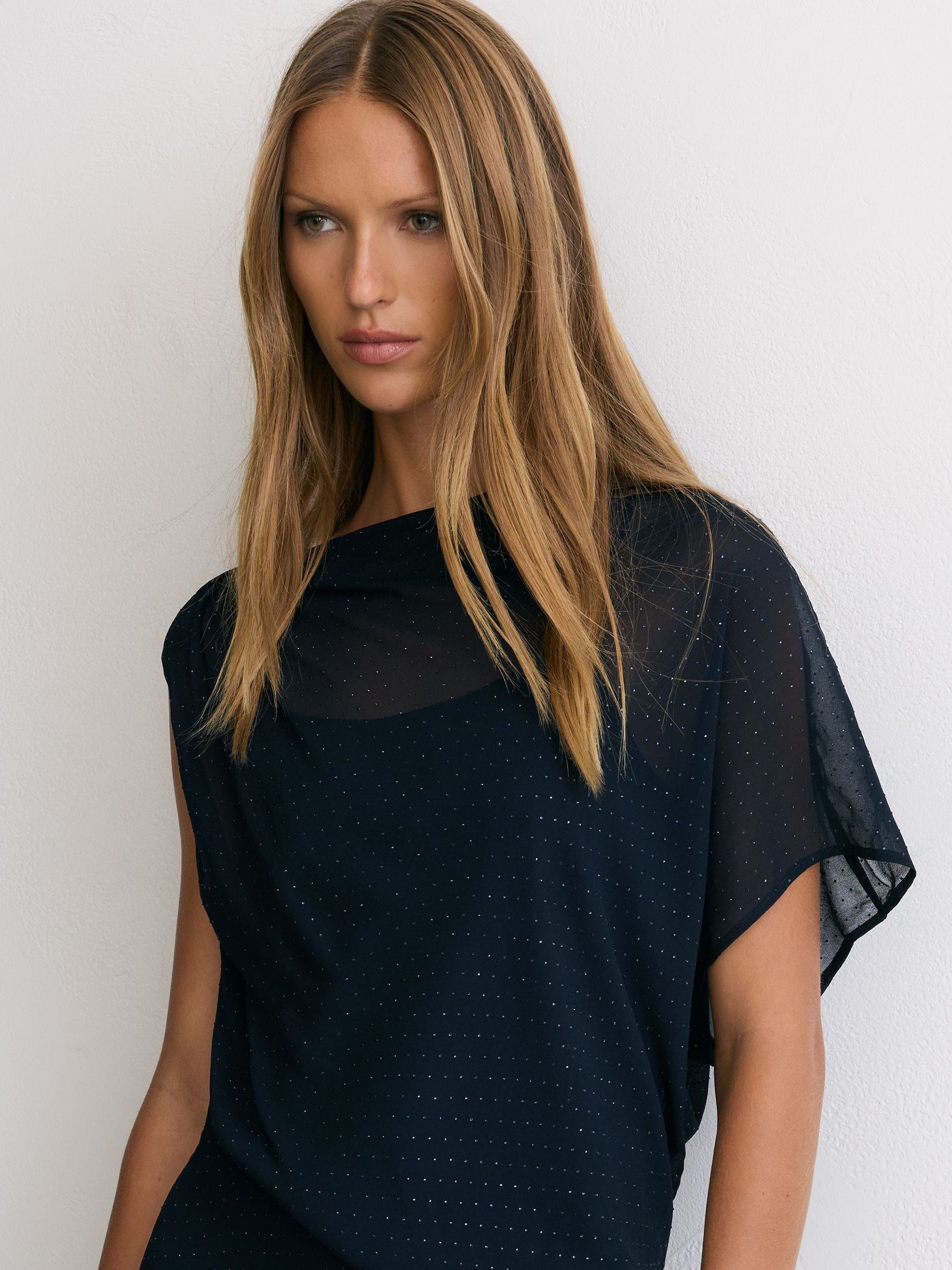 Crystal-Detail Draped Mesh Midi Dress in Navy - Image 7 of 9