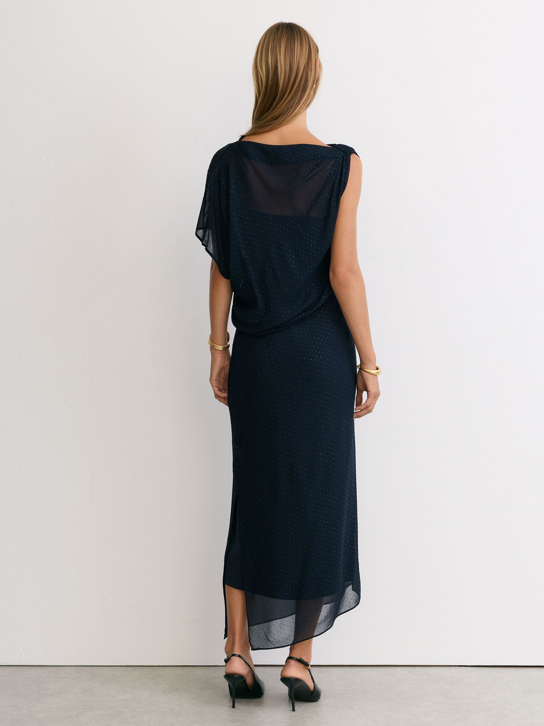 Crystal-Detail Draped Mesh Midi Dress in Navy - Image 8 of 9