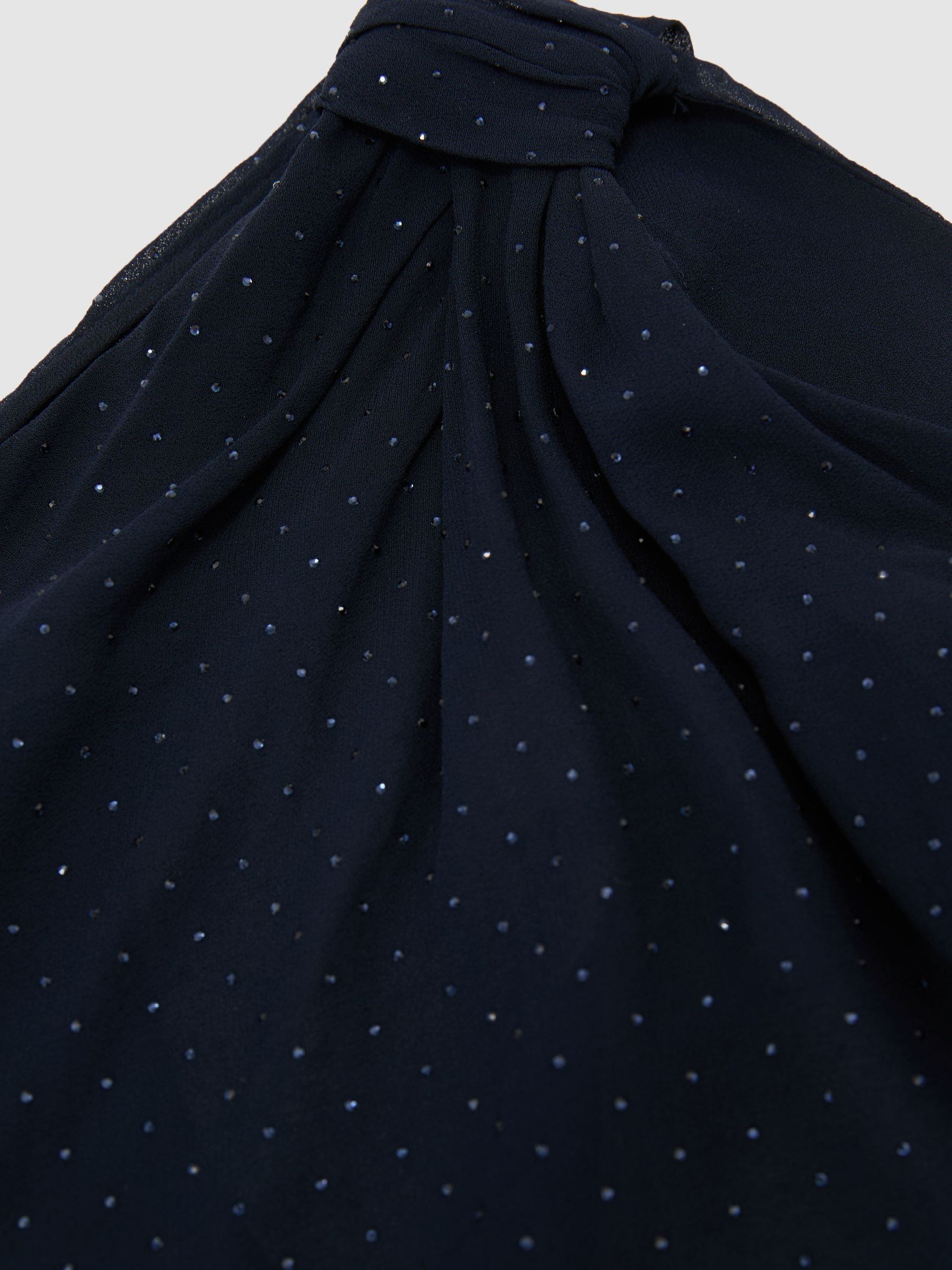 Crystal-Detail Draped Mesh Midi Dress in Navy - Image 9 of 9