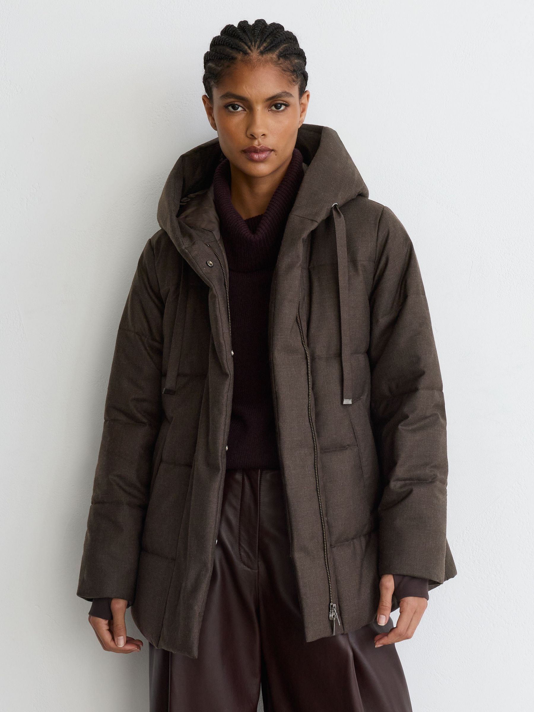 Wool Hooded Puffer Coat in Brown - Image 1 of 9