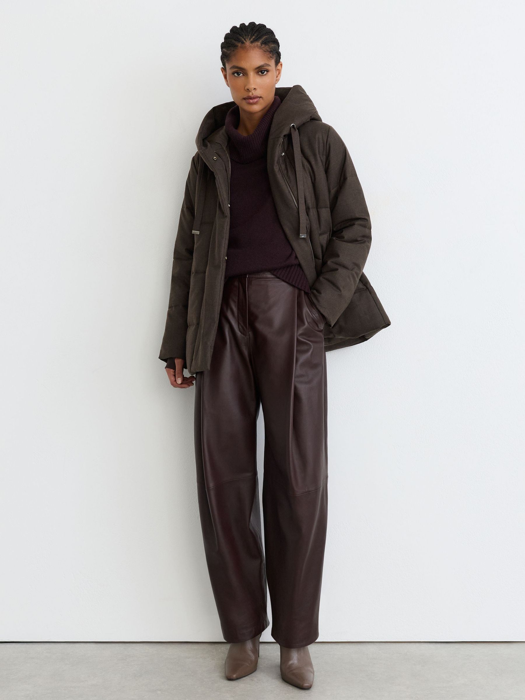 Wool Hooded Puffer Coat in Brown - Image 3 of 9