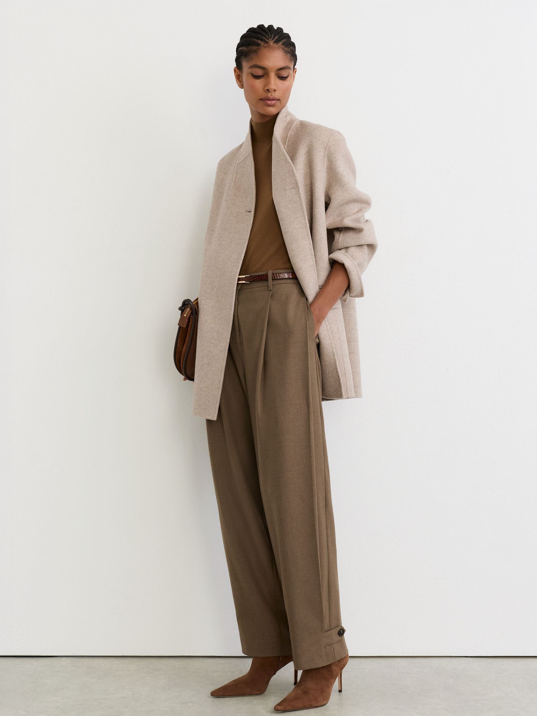 Petite Regular Barrel-Leg Button-Tab Pleated Trousers in Khaki Green - Image 1 of 8