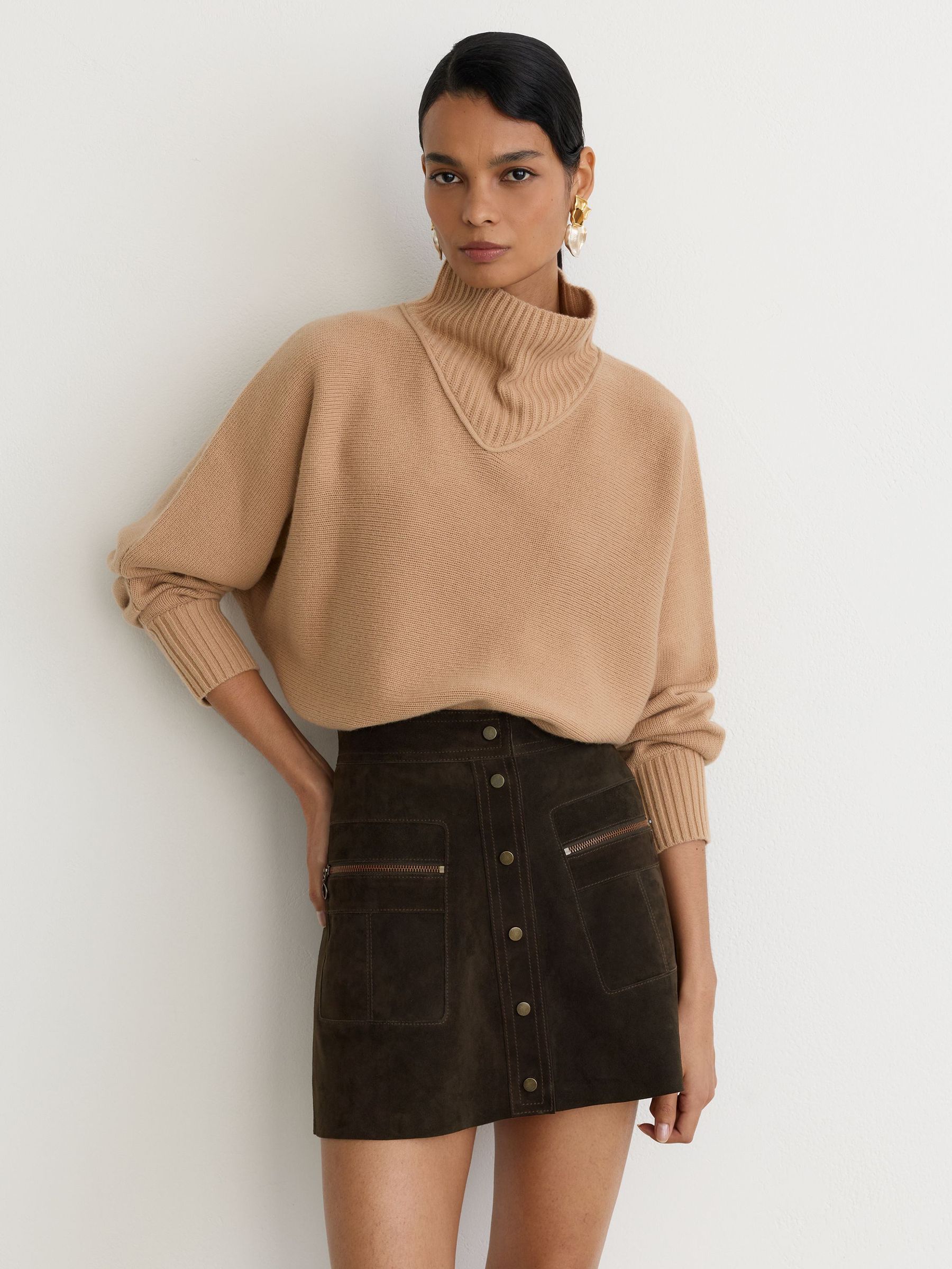 Suede Zip-Pocket Mini Skirt in Coffee Brown - Image 1 of 8 Suede Zip-Pocket Mini Skirt in Coffee Brown - Image 1 of 8