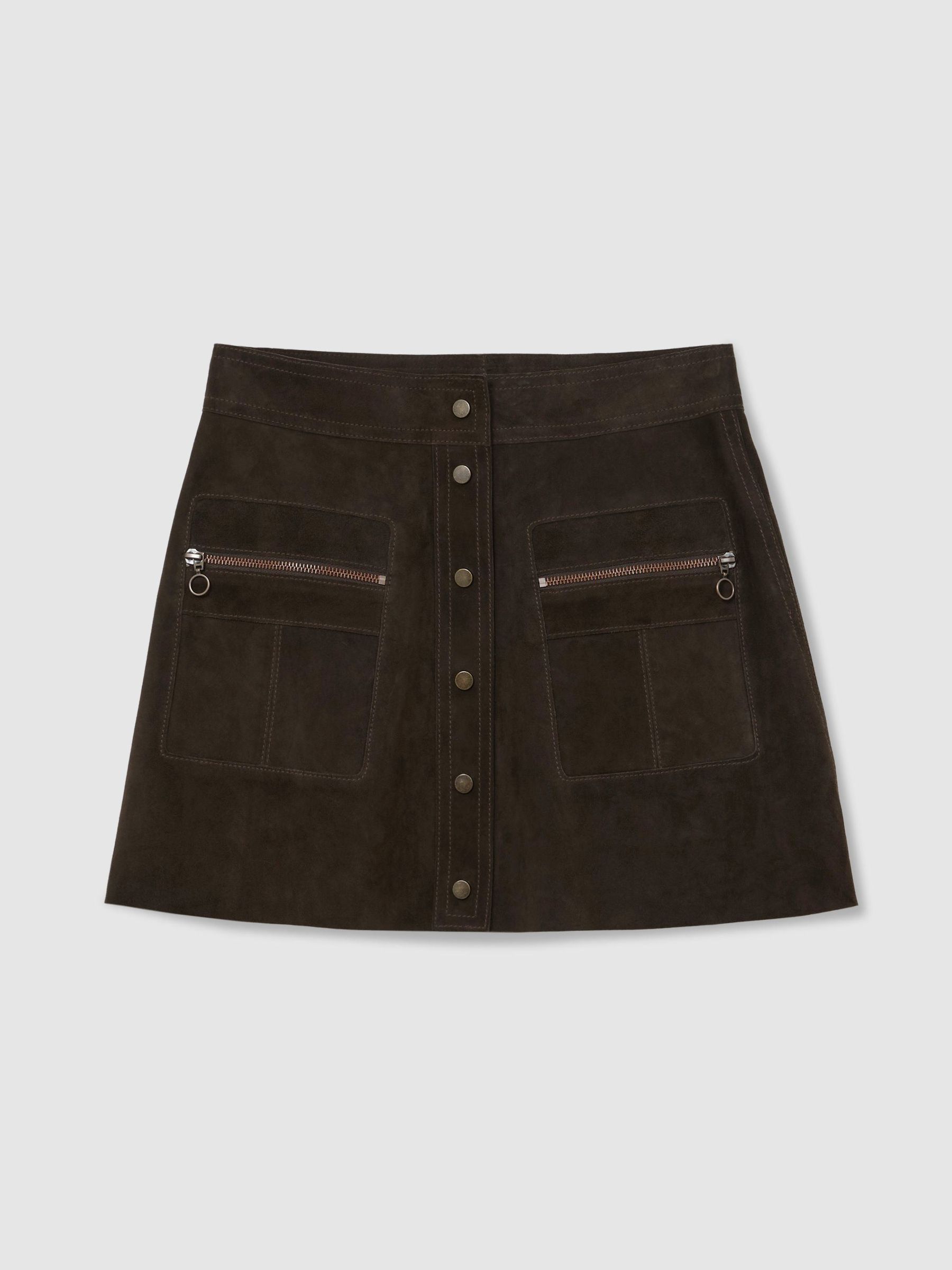 Suede Zip-Pocket Mini Skirt in Coffee Brown - Image 2 of 8 Suede Zip-Pocket Mini Skirt in Coffee Brown - Image 2 of 8