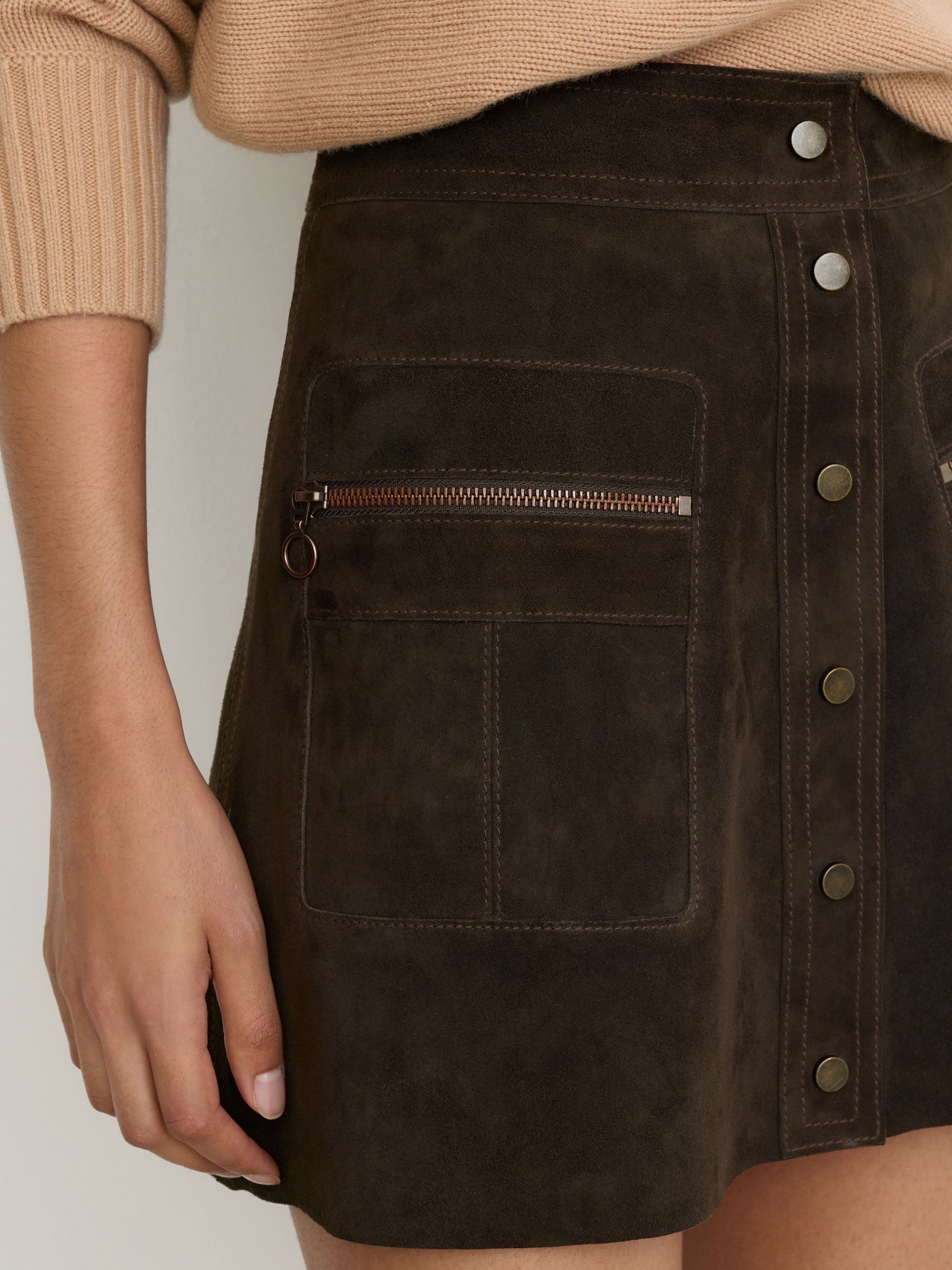 Suede Zip-Pocket Mini Skirt in Coffee Brown - Image 3 of 8
