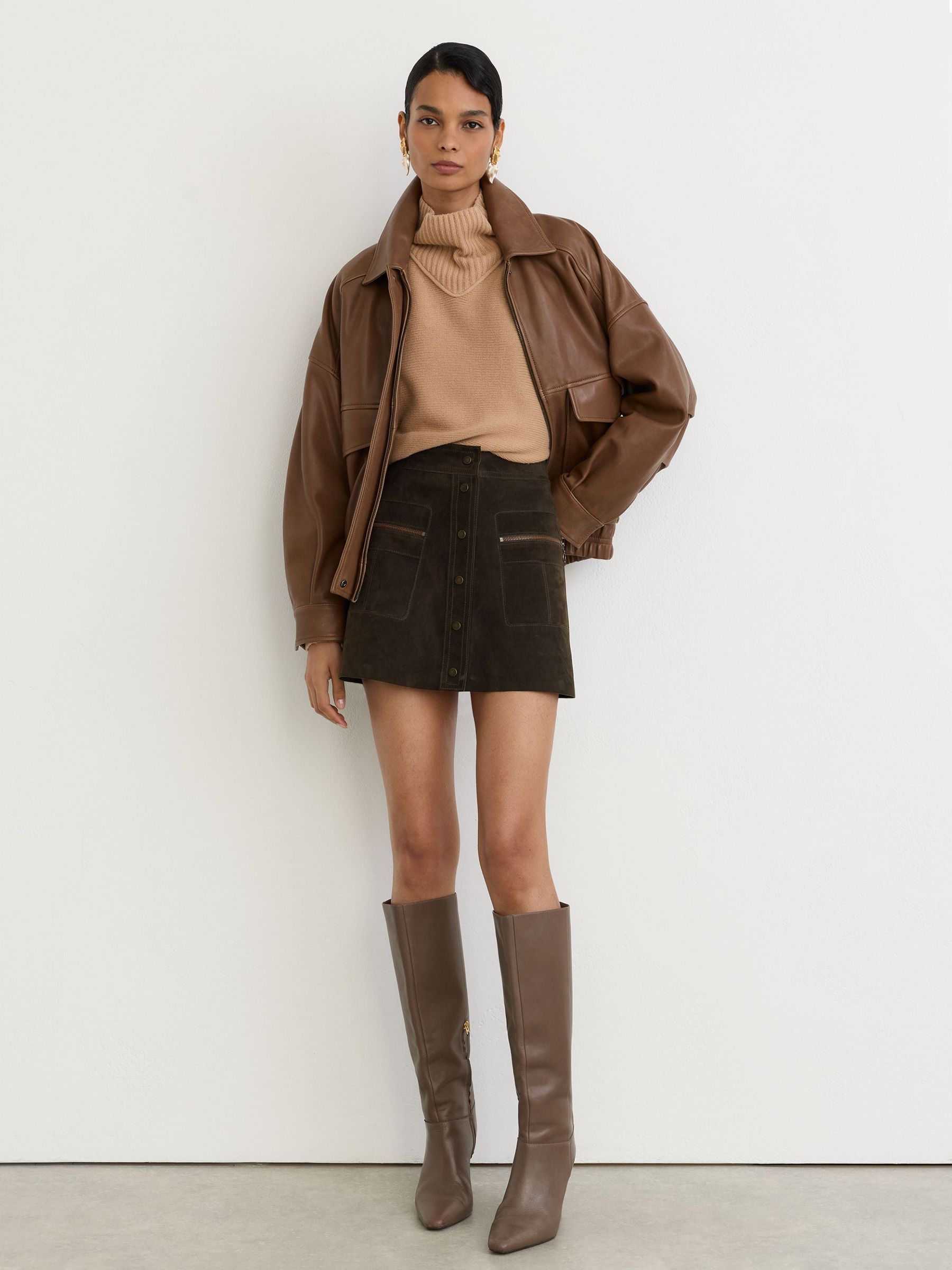 Suede Zip-Pocket Mini Skirt in Coffee Brown - Image 4 of 8