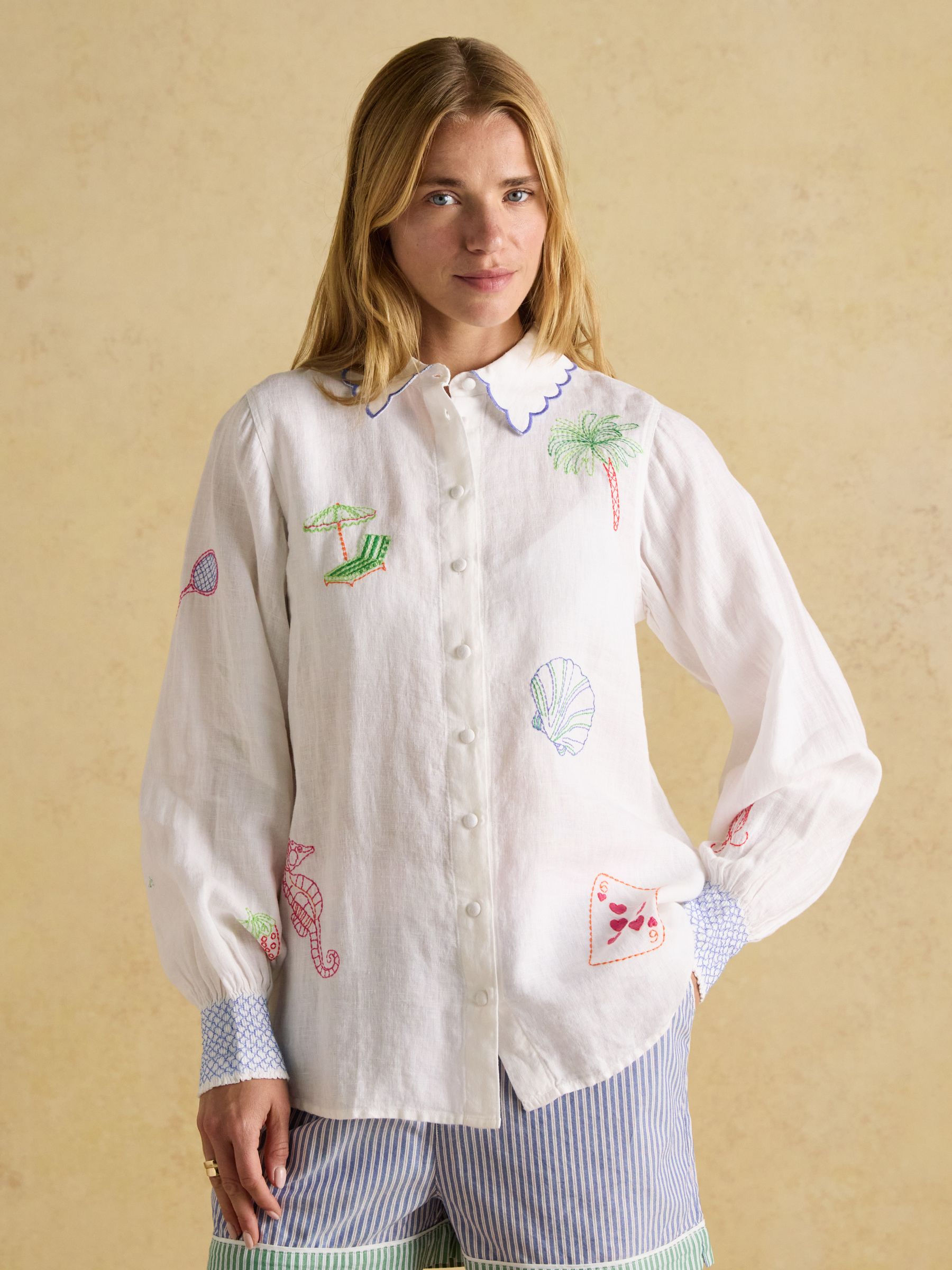 Orla Cream Embroidered Linen Shirt - Image 4 of 16