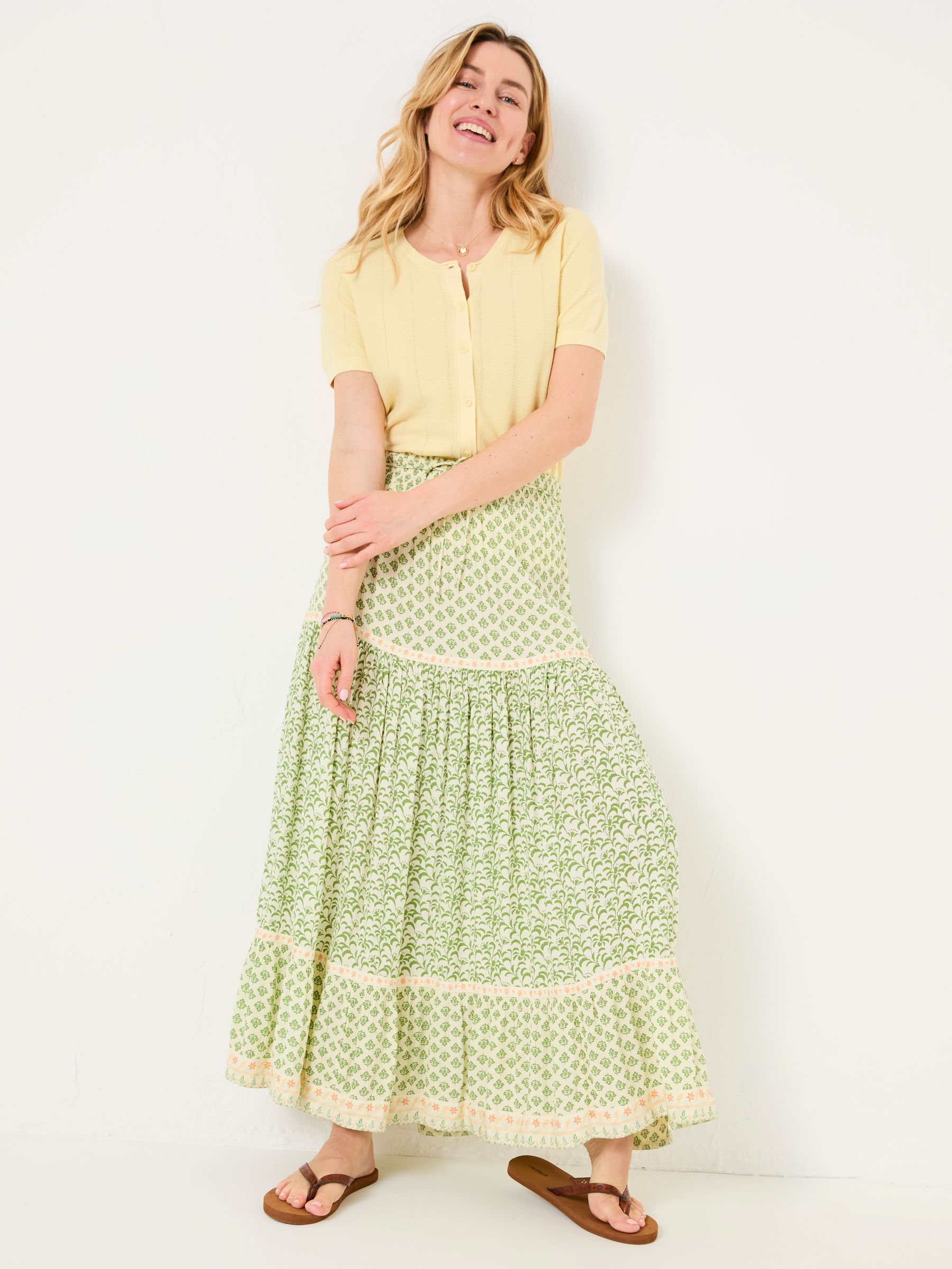 Jayla Mid Green Woodblock Maxi Skirt FatFace