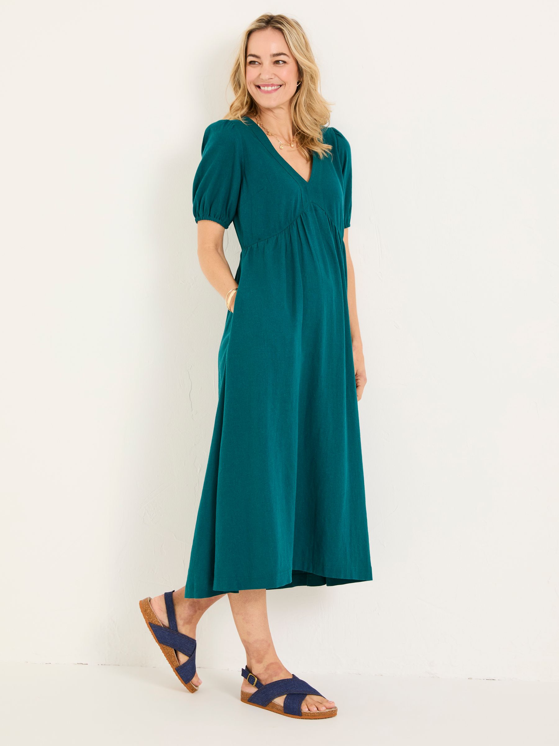 Remi Dark Teal Linen Midi Dress | FatFace Remi Dark Teal Linen Midi Dress | FatFace