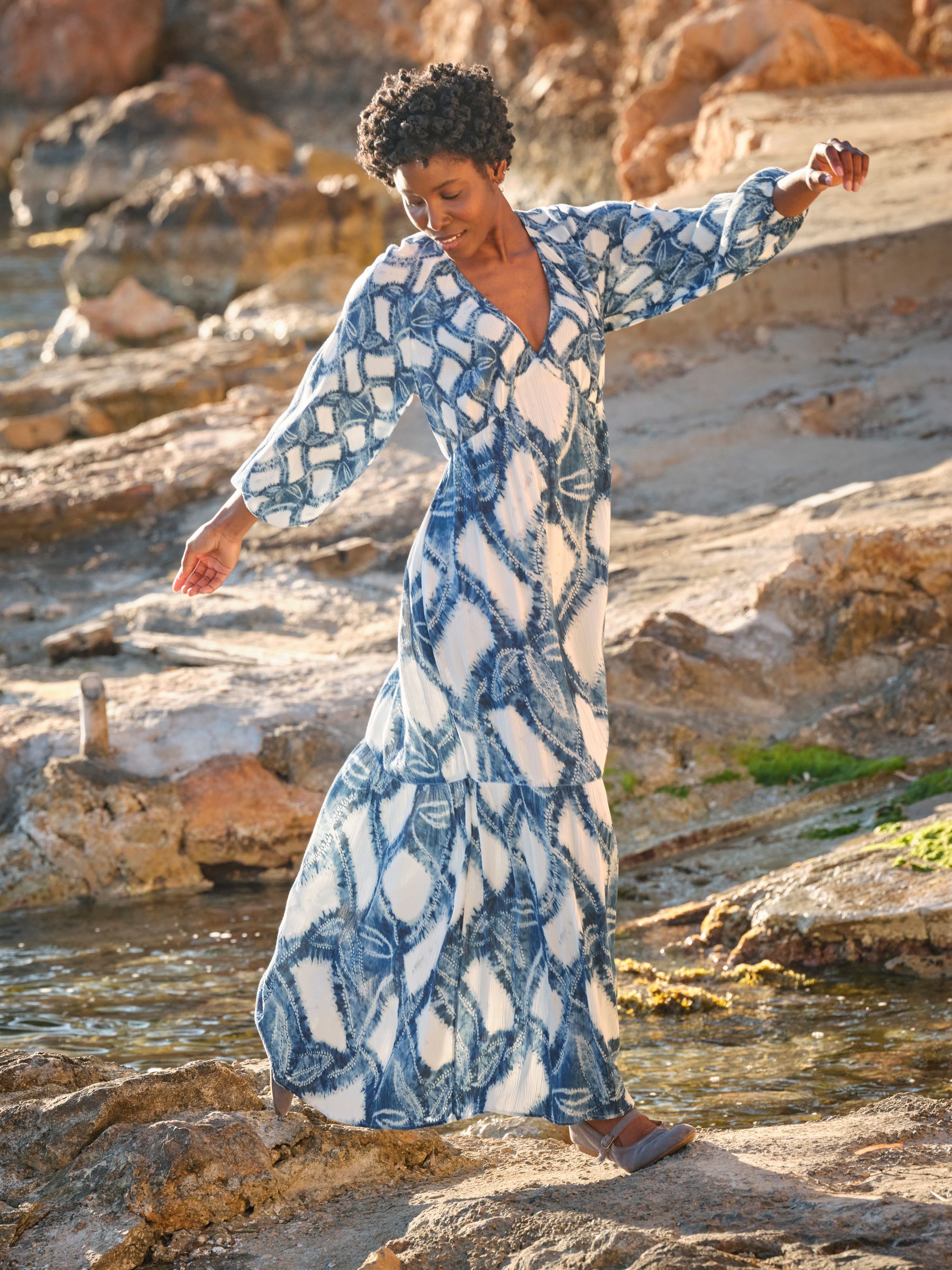Noelle Indigo Blue Water Leaf Midi Dress - Image 1 of 6