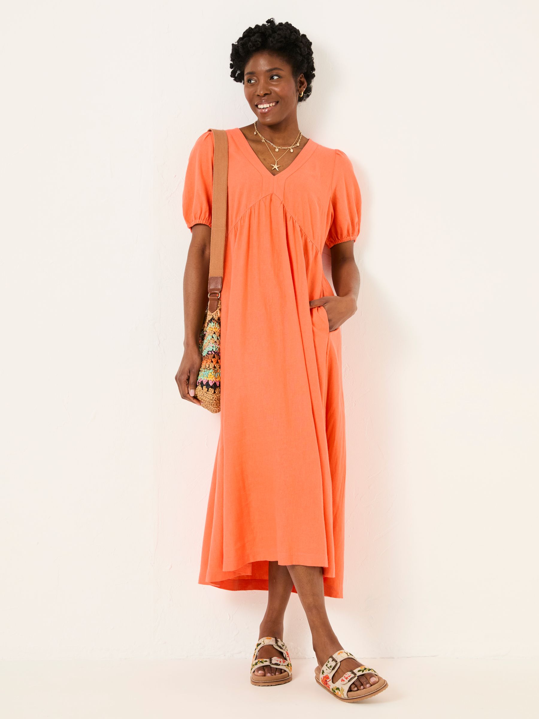 Remi Dark Coral Linen Midi Dress | FatFace USA