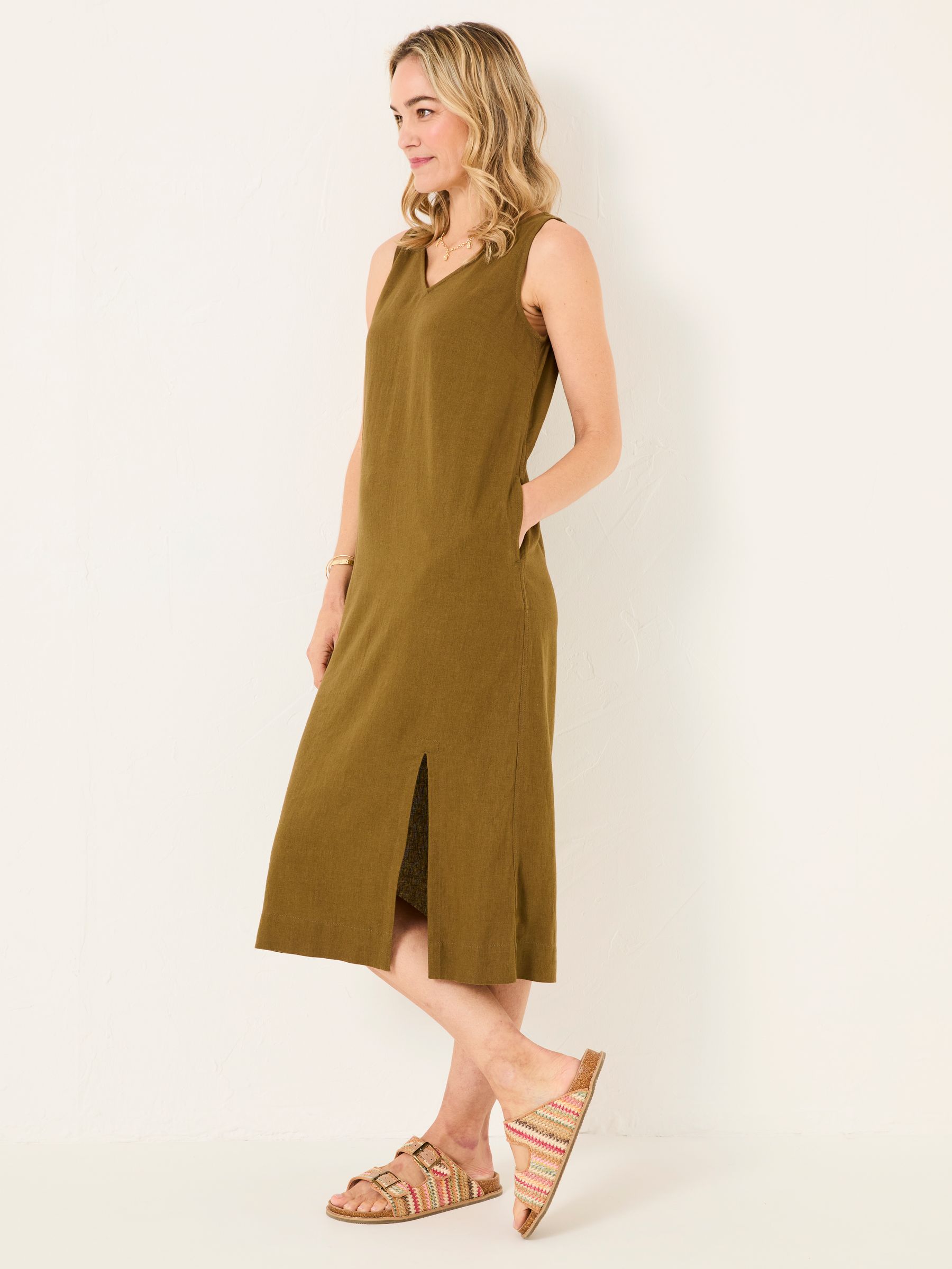 Corey Khaki Green Linen Midi Dress - Image 3 of 6
