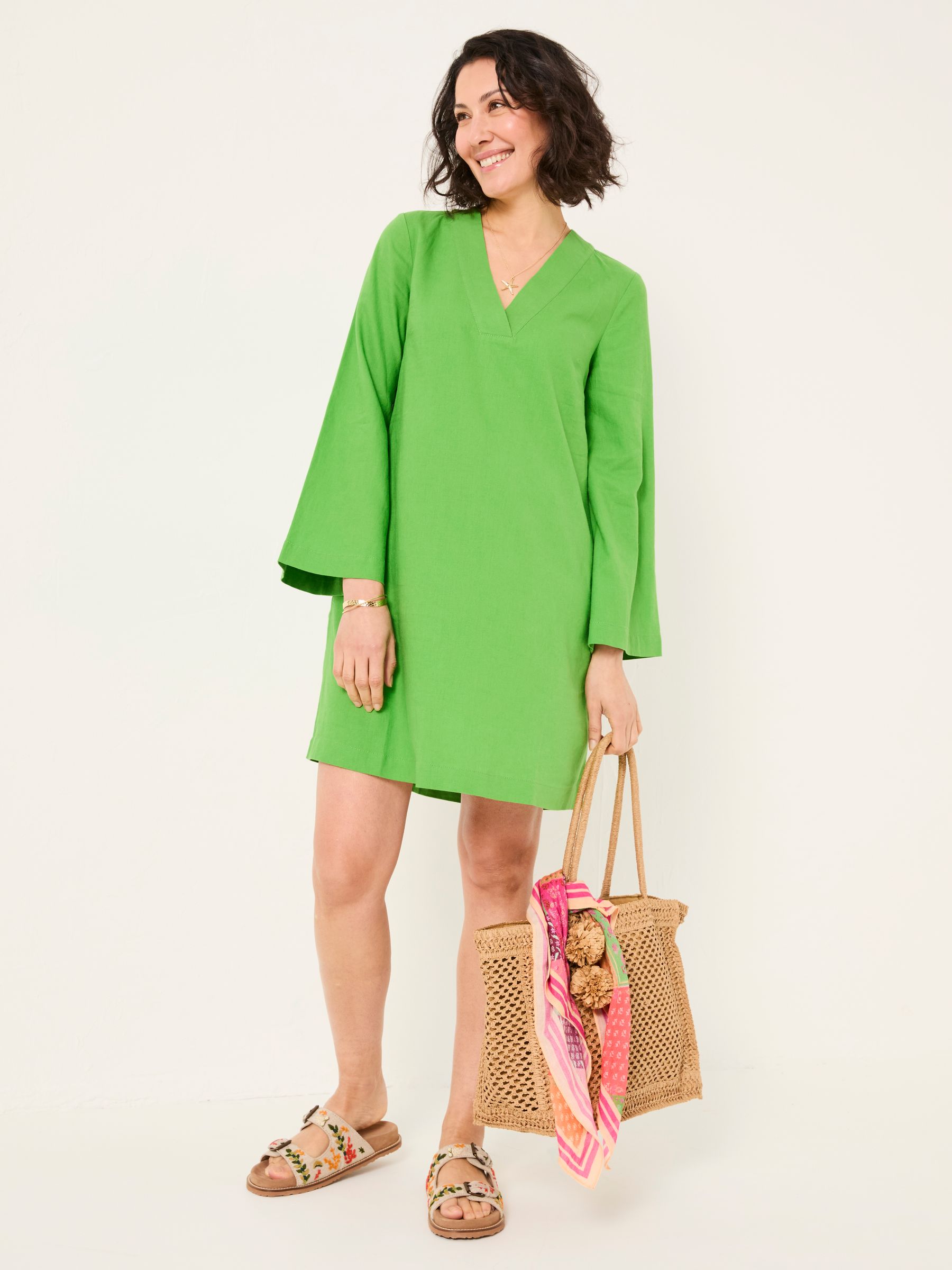 Mid Green Linen Kaftan Dress - Image 1 of 5