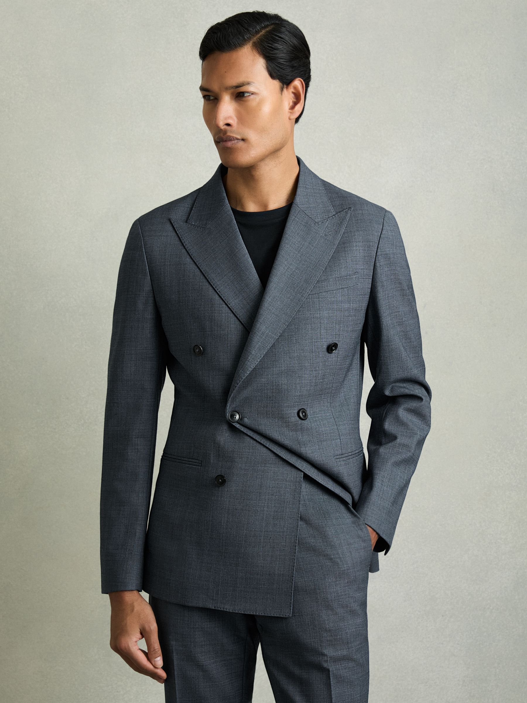Regular-Fit Double-Breasted Sharkskin Wool-Blend Suit Blazer in Airforce Blue - Image 1 of 10