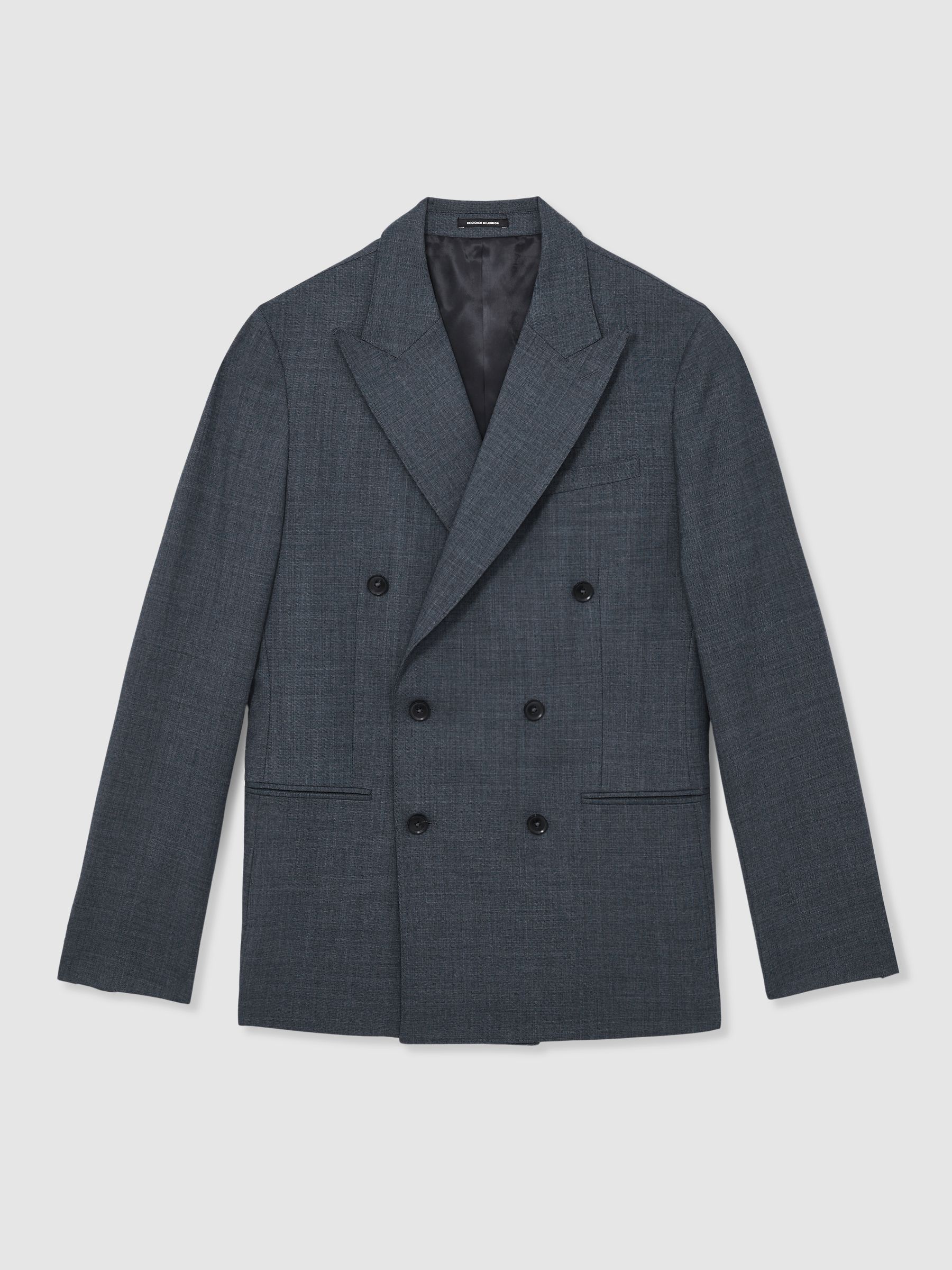 Regular-Fit Double-Breasted Sharkskin Wool-Blend Suit Blazer in Airforce Blue - Image 3 of 10