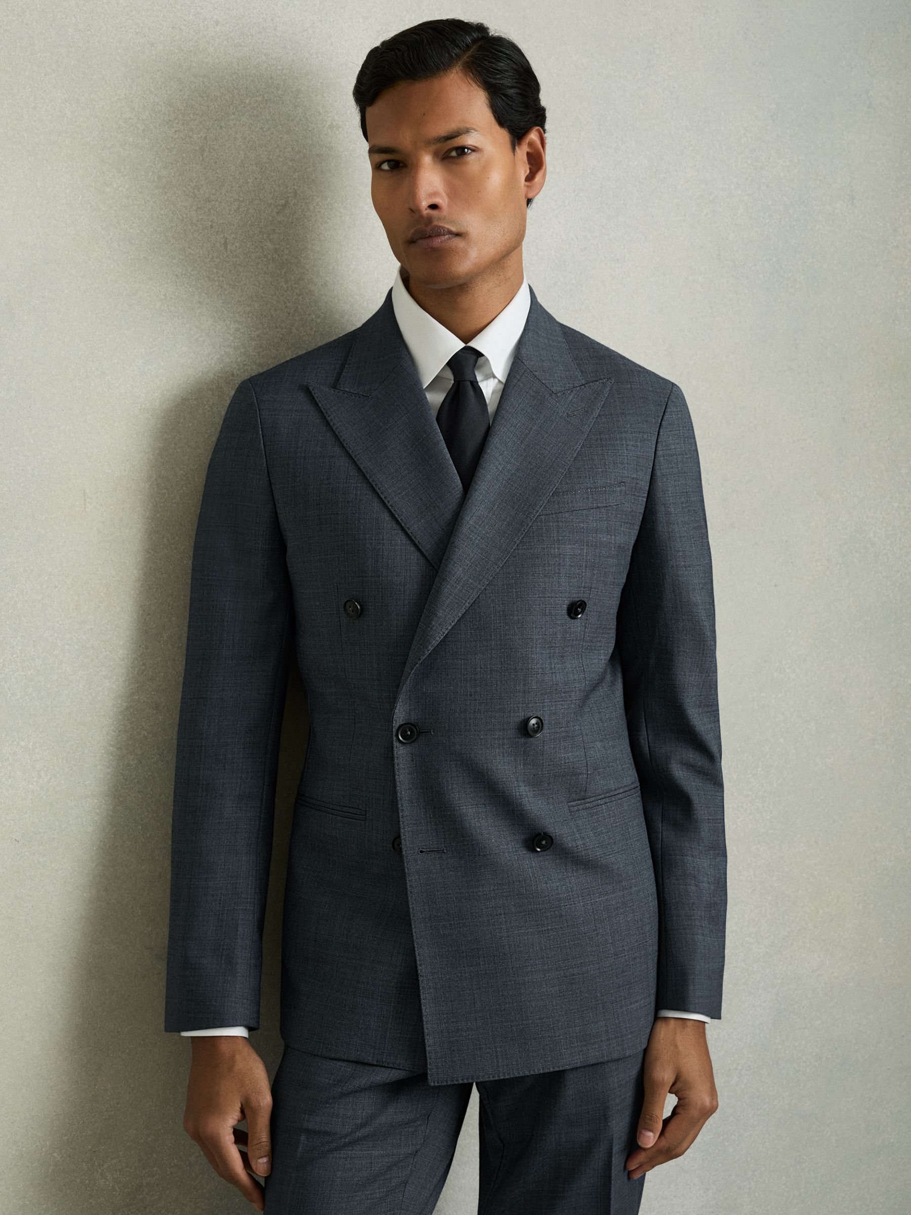 Regular-Fit Double-Breasted Sharkskin Wool-Blend Suit Blazer in Airforce Blue - Image 8 of 10