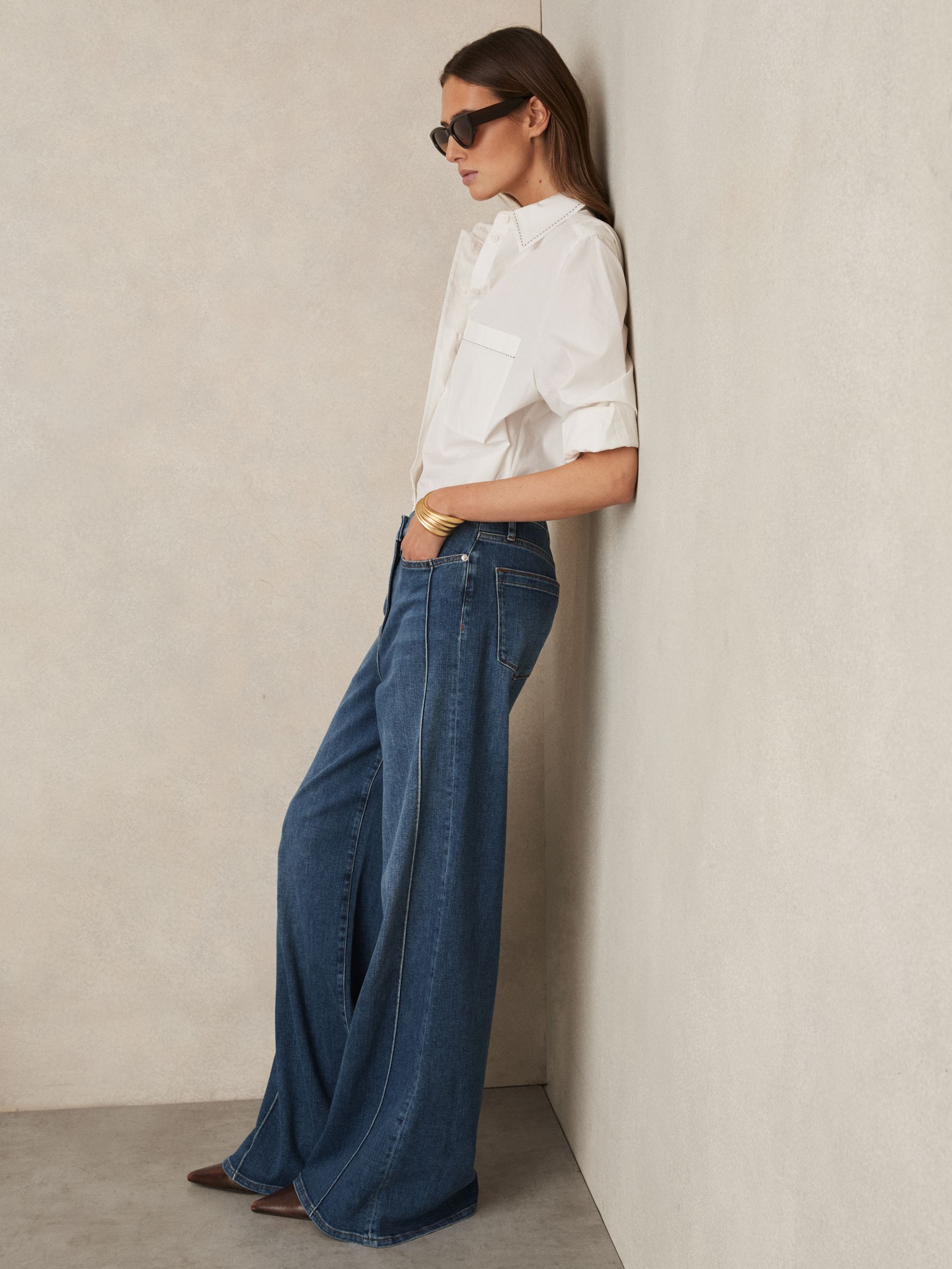 Cotton Topstitched Button-Through Shirt in White - Image 3 of 6