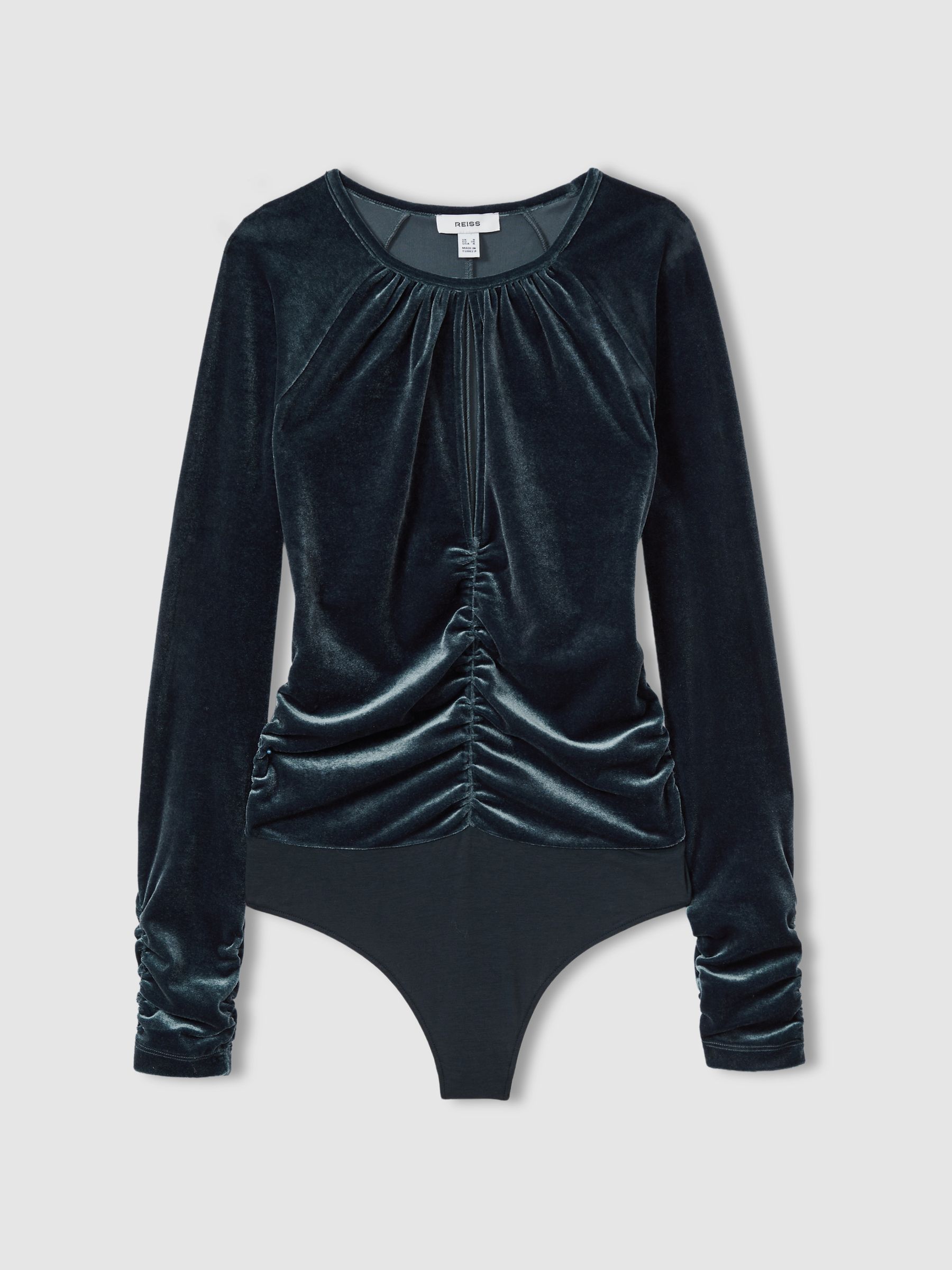 Velvet Ruched Keyhole Bodysuit in Slate Blue - Image 2 of 6