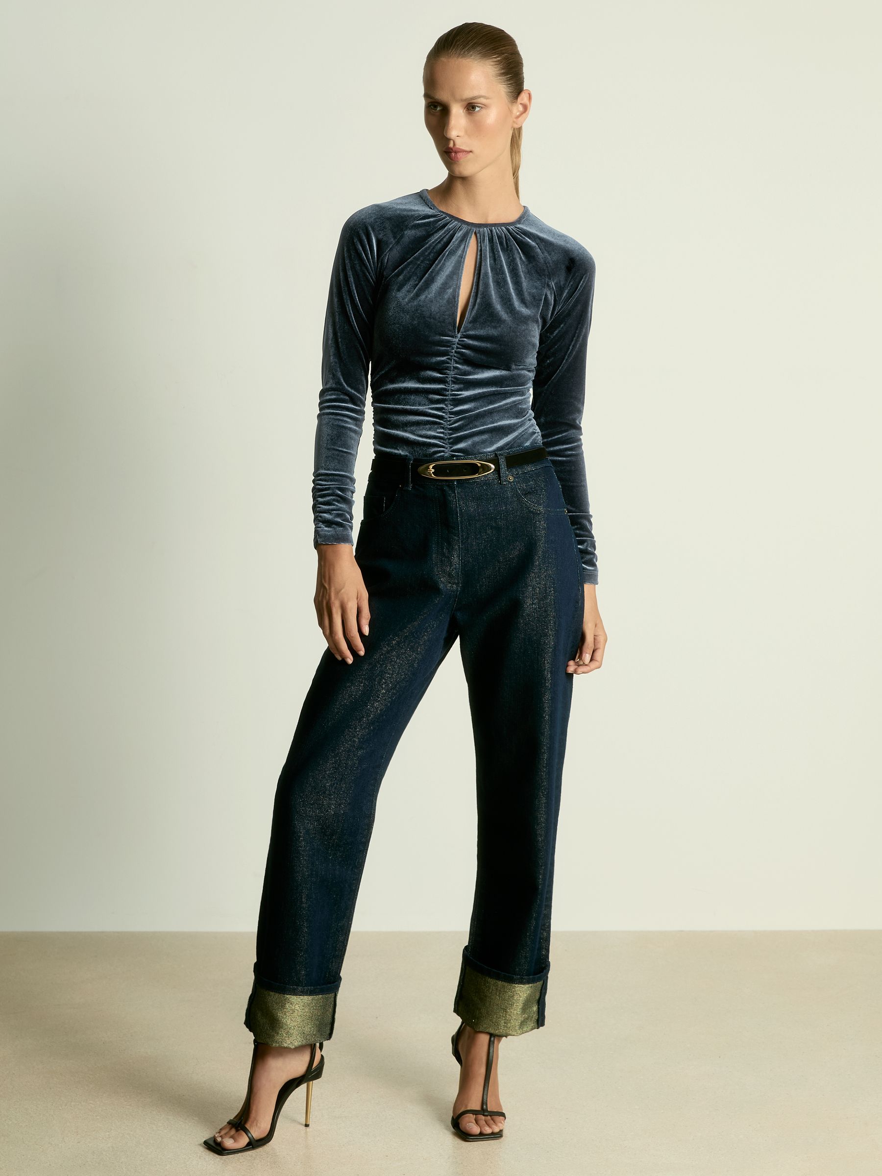 Velvet Ruched Keyhole Bodysuit in Slate Blue - Image 3 of 6