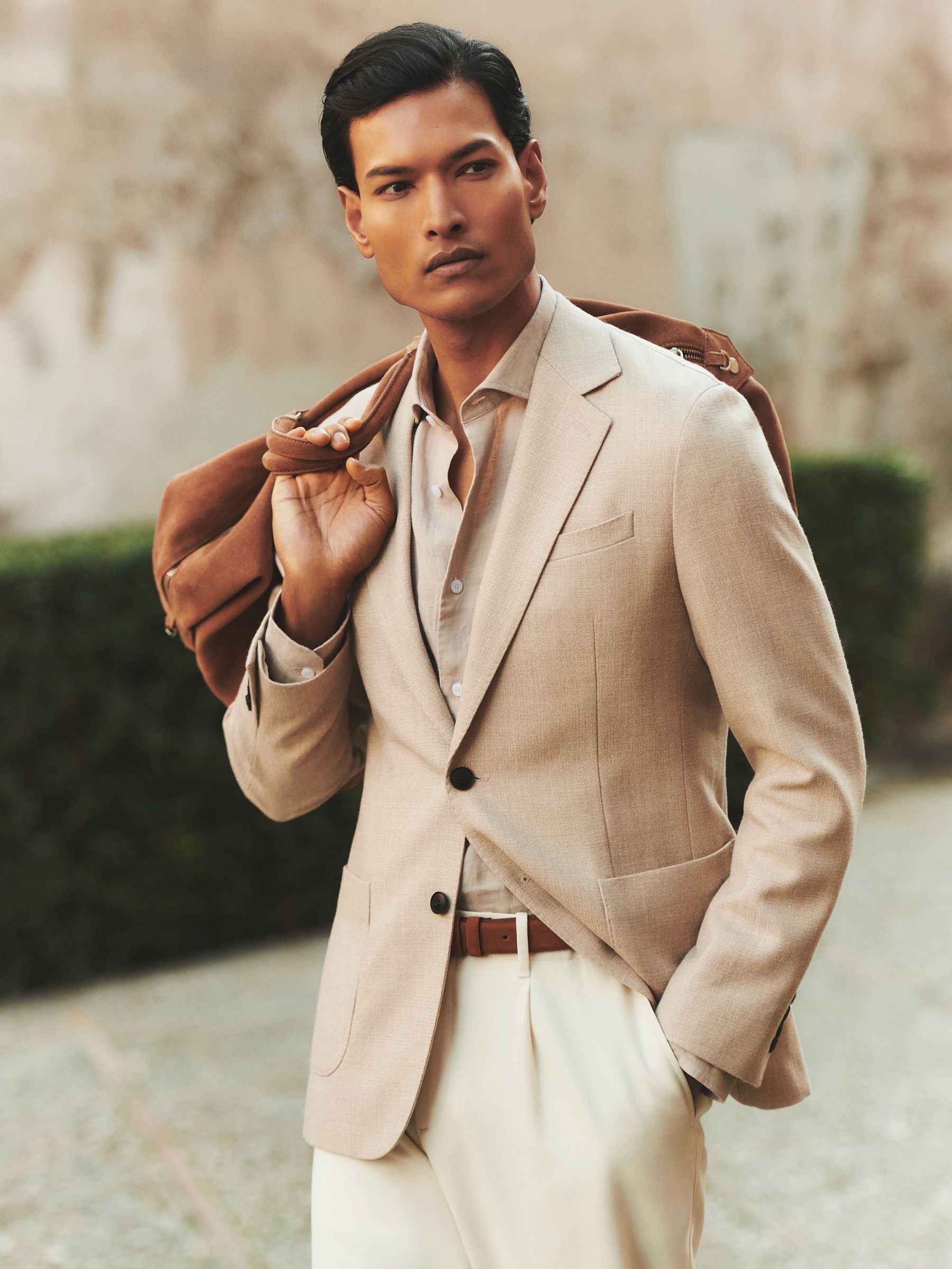 Slim-Fit Single-Breasted Wool-Blend Textured Blazer in Oatmeal - Image 1 of 10 Slim-Fit Single-Breasted Wool-Blend Textured Blazer in Oatmeal - Image 1 of 10