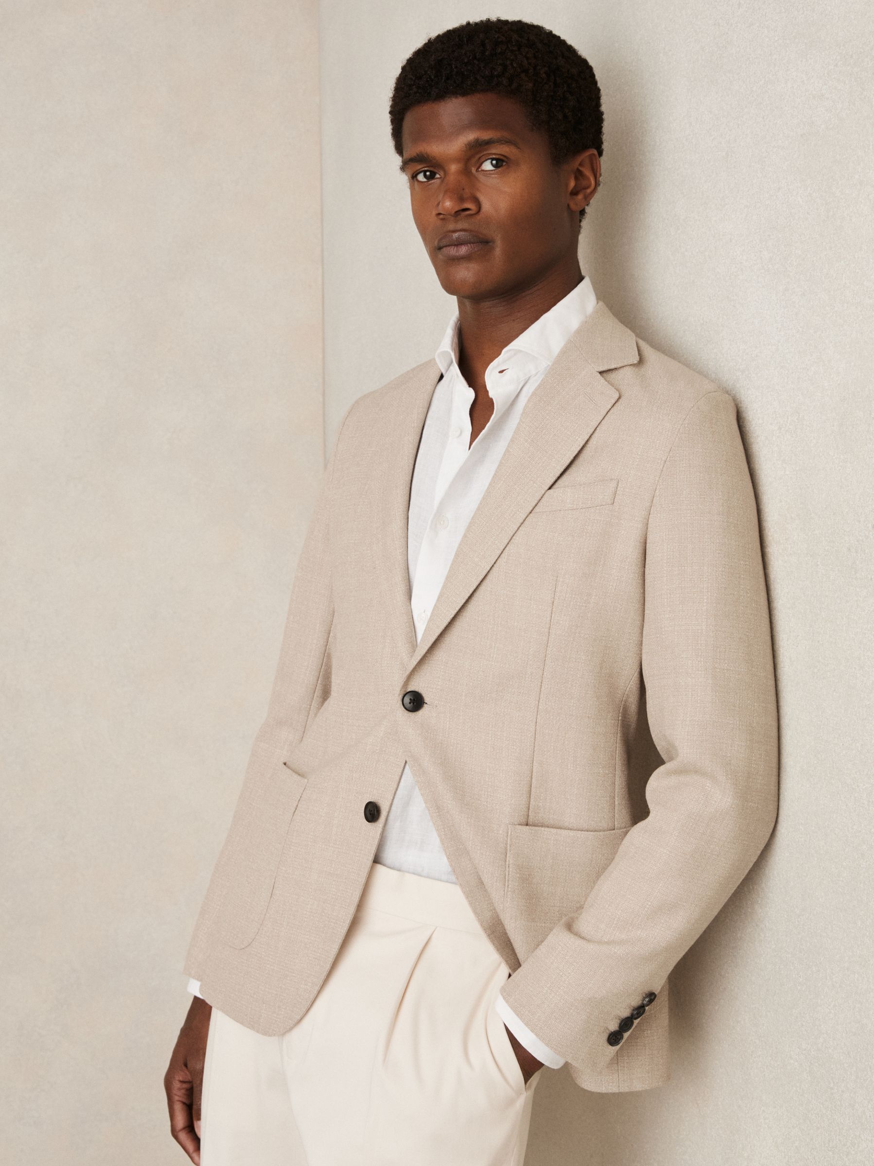 Slim-Fit Single-Breasted Wool-Blend Textured Blazer in Oatmeal - Image 8 of 10