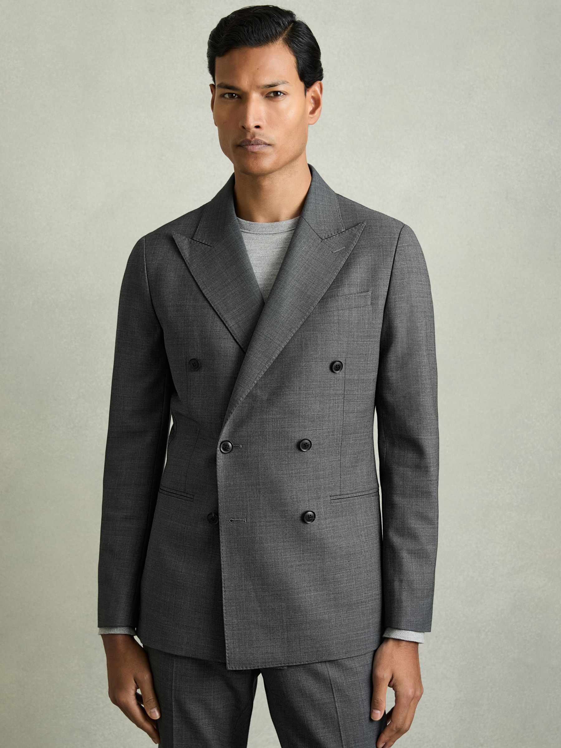 Regular-Fit Double-Breasted Sharkskin Wool-Blend Suit Blazer in Charcoal Grey - Image 3 of 9